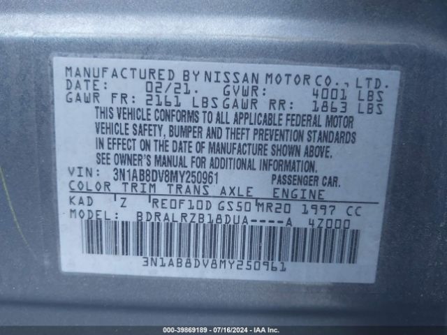 Photo 8 VIN: 3N1AB8DV8MY250961 - NISSAN SENTRA 