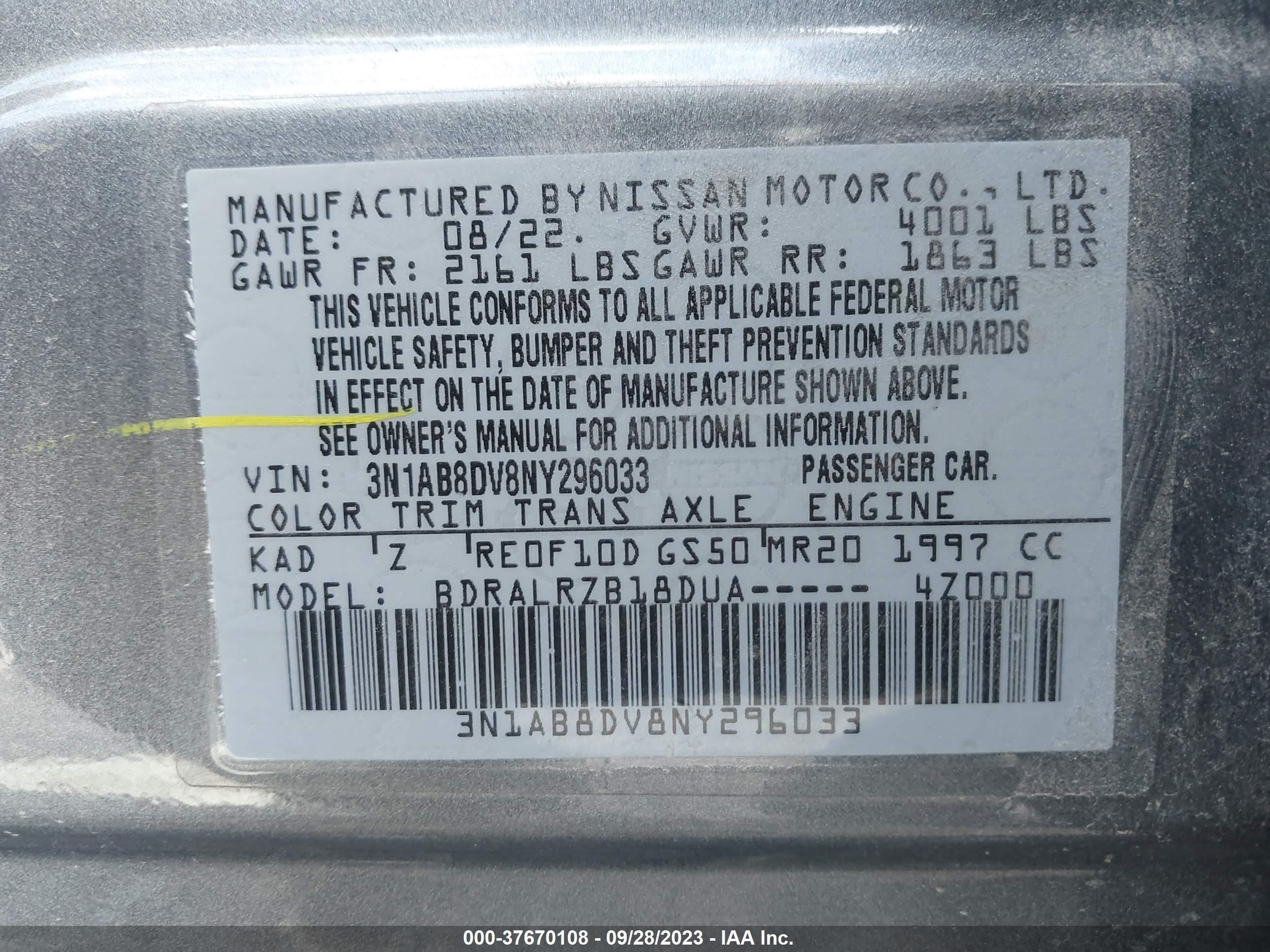 Photo 8 VIN: 3N1AB8DV8NY296033 - NISSAN SENTRA 