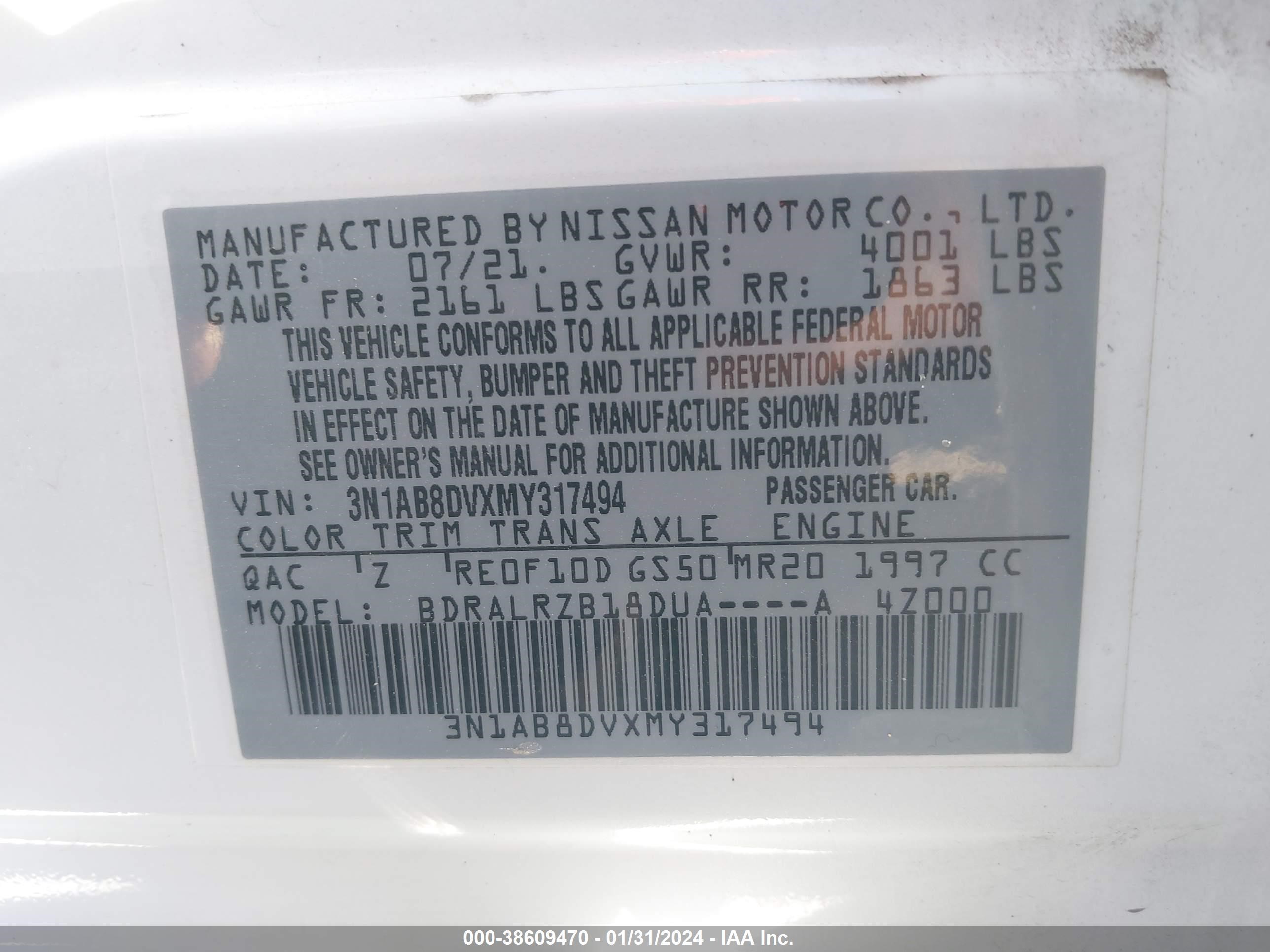 Photo 8 VIN: 3N1AB8DVXMY317494 - NISSAN SENTRA 