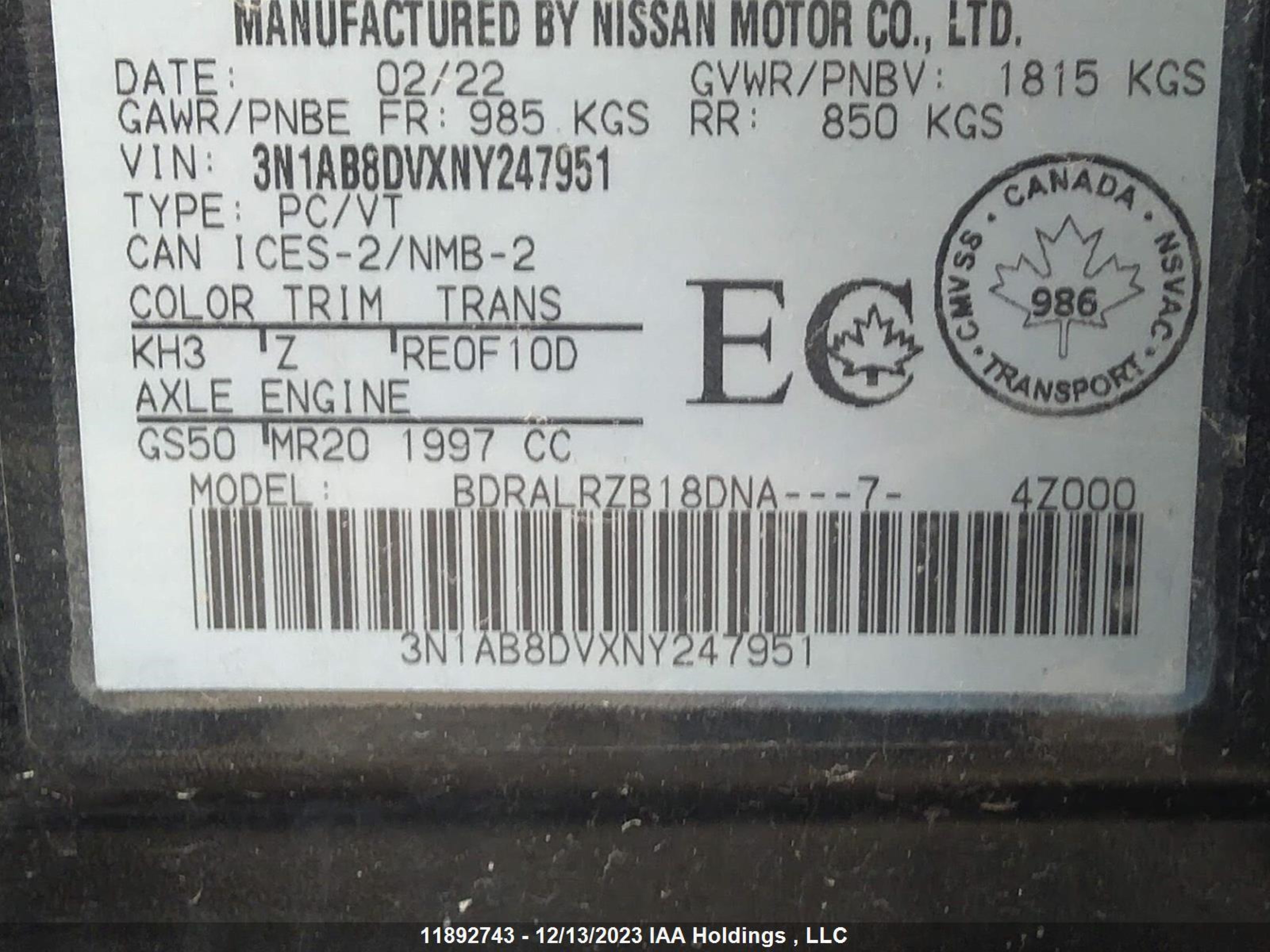 Photo 8 VIN: 3N1AB8DVXNY247951 - NISSAN SENTRA 