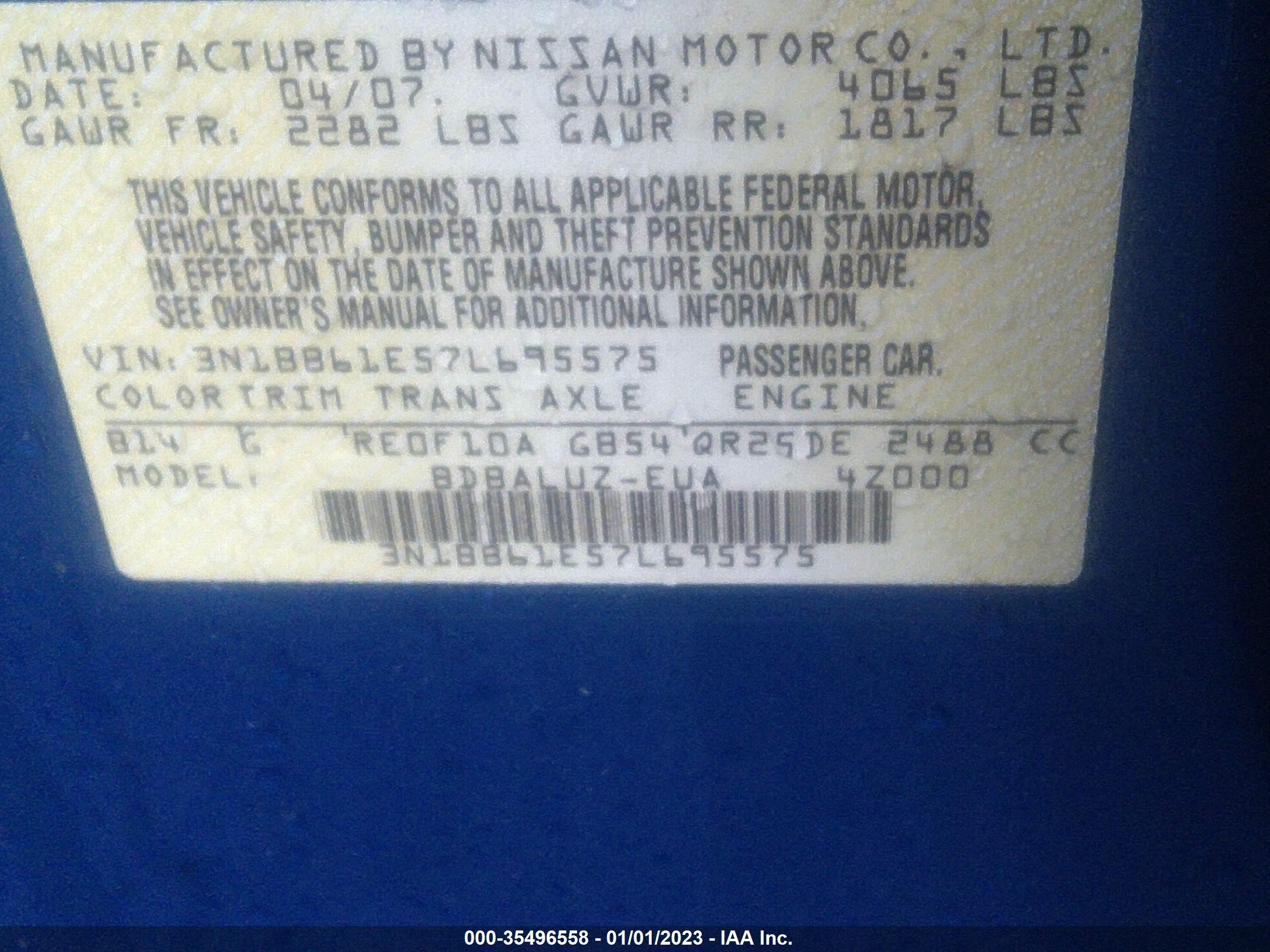 Photo 8 VIN: 3N1BB61E57L695575 - NISSAN SENTRA 