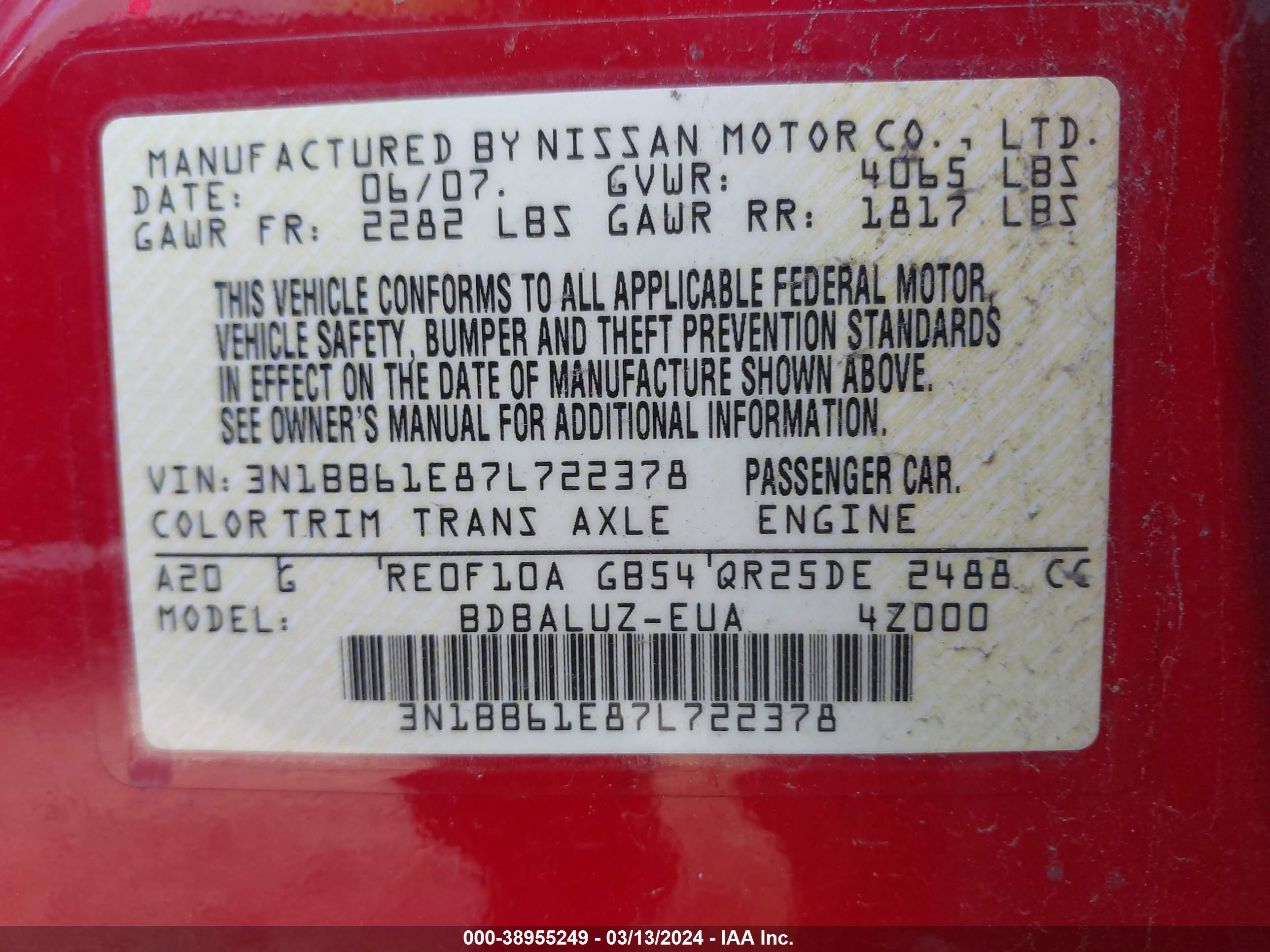 Photo 8 VIN: 3N1BB61E87L722378 - NISSAN SENTRA 