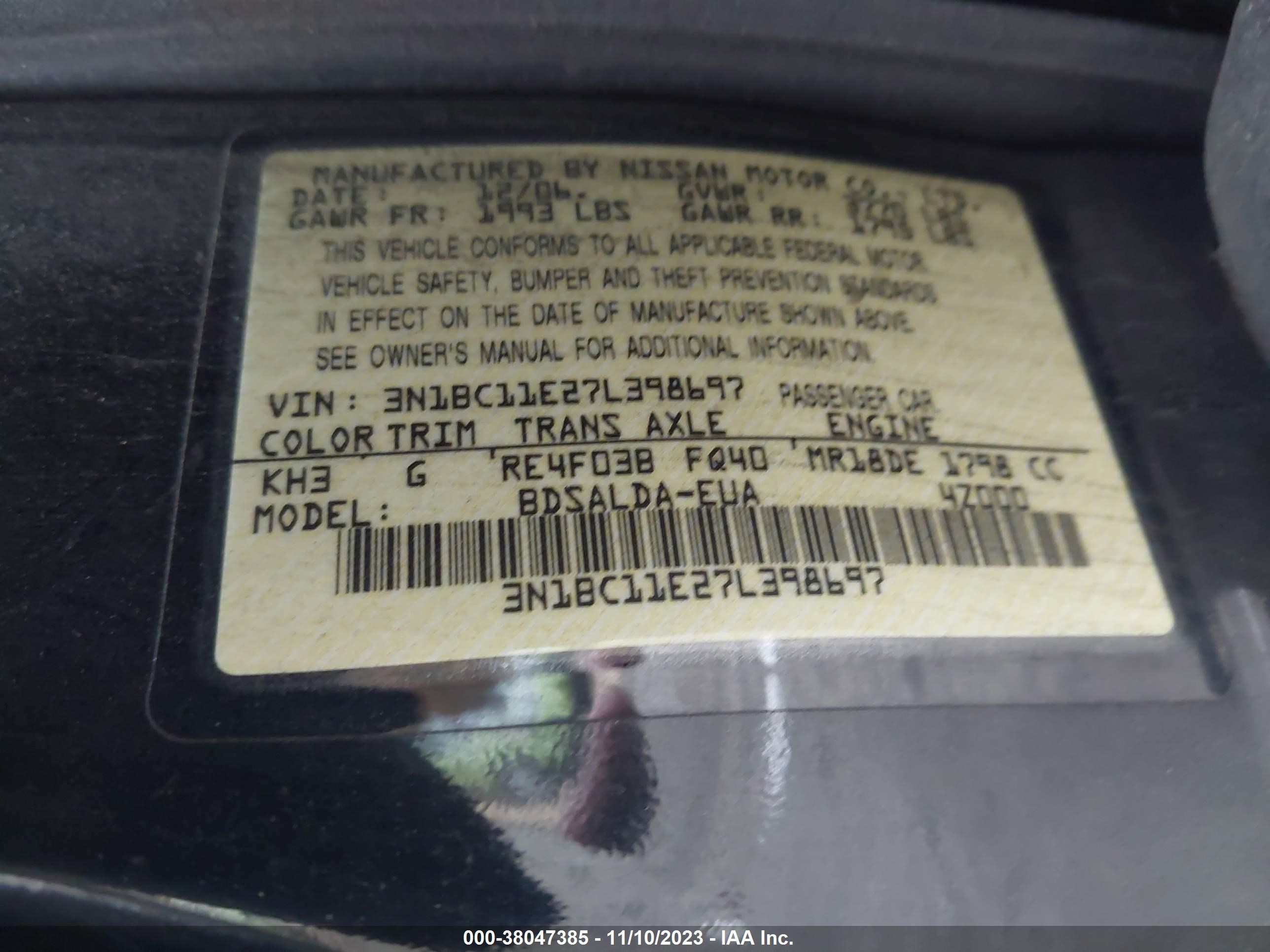 Photo 8 VIN: 3N1BC11E27L398697 - NISSAN VERSA 