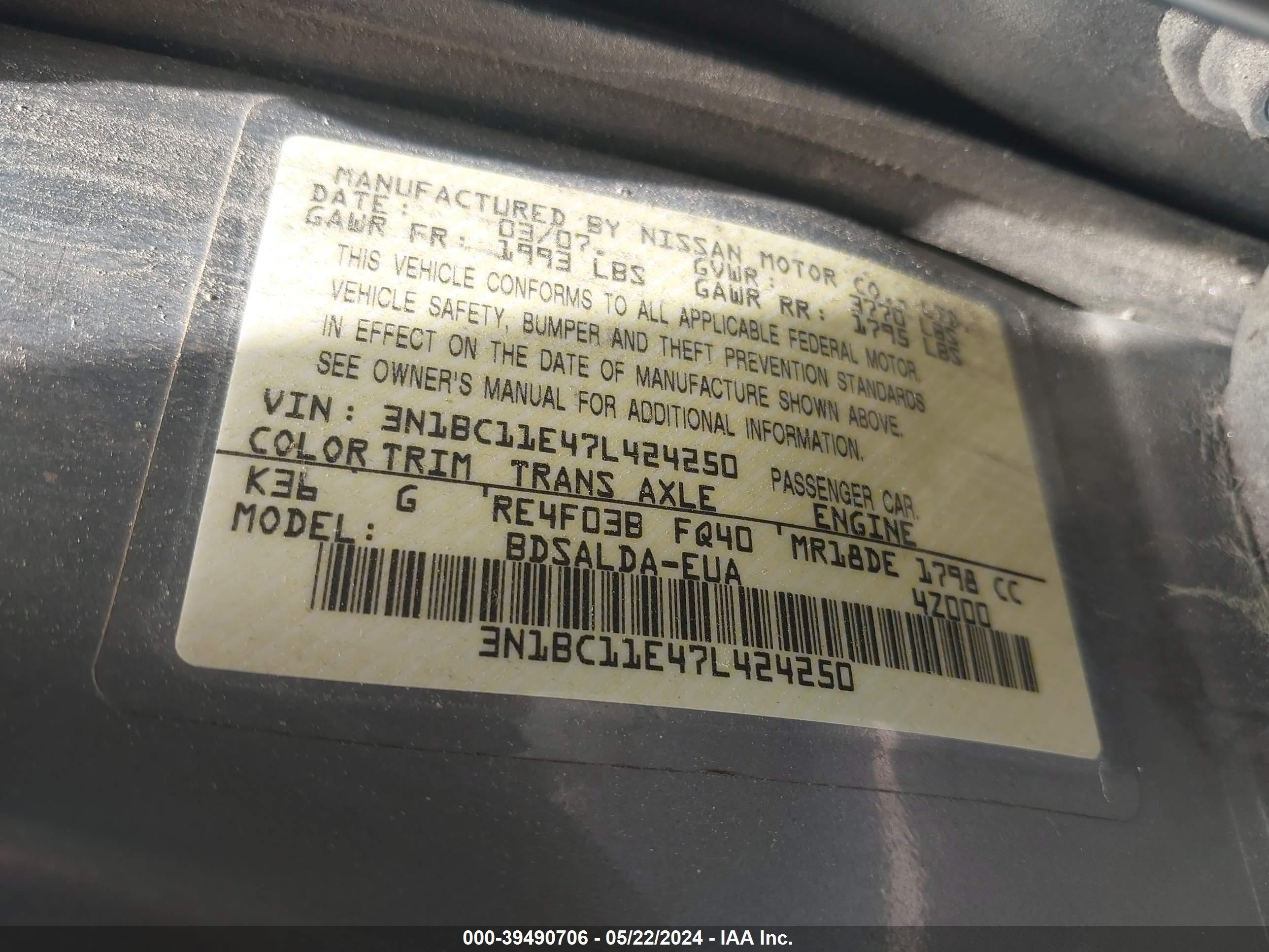 Photo 8 VIN: 3N1BC11E47L424250 - NISSAN VERSA 