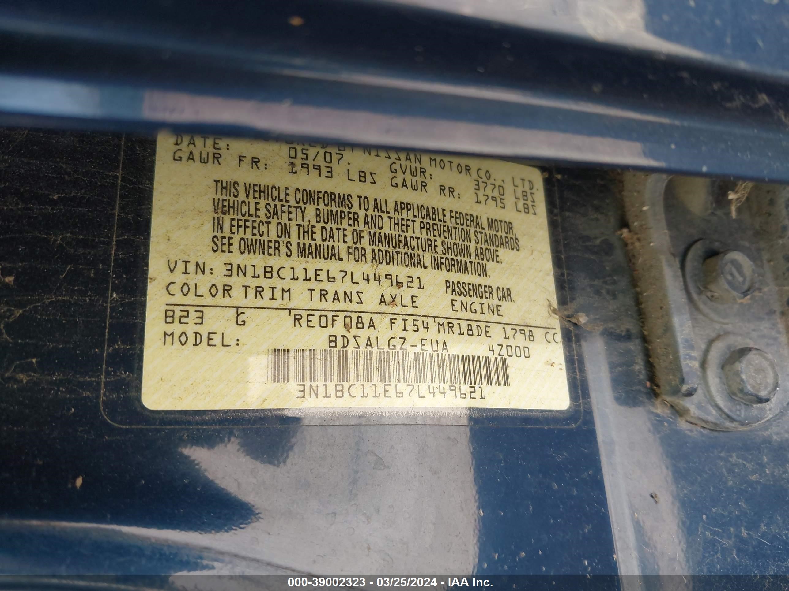 Photo 8 VIN: 3N1BC11E67L449621 - NISSAN VERSA 