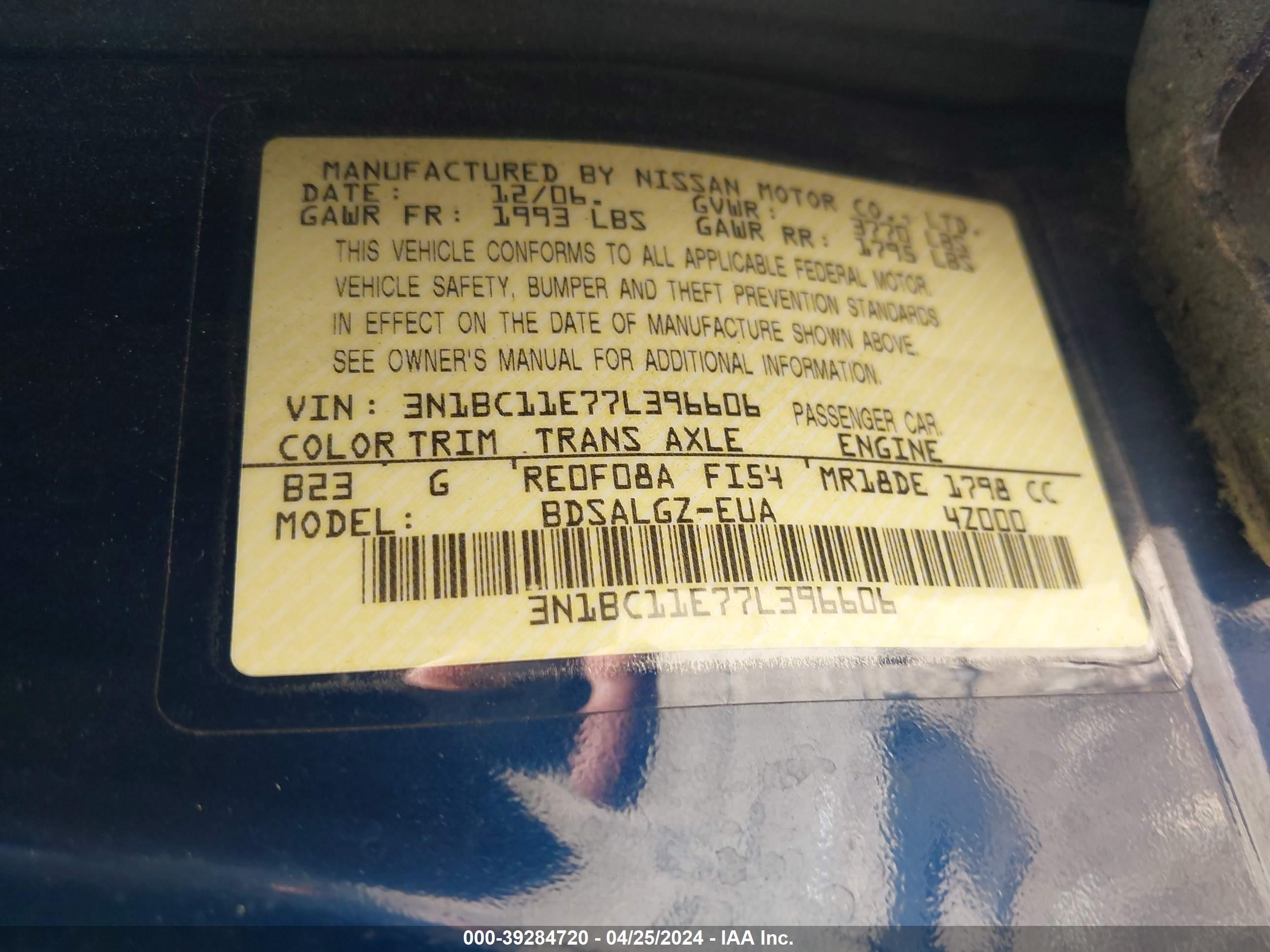 Photo 7 VIN: 3N1BC11E77L396606 - NISSAN VERSA 