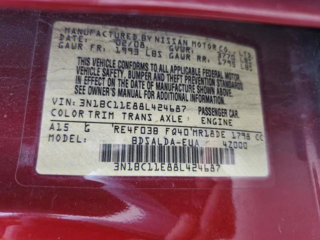 Photo 12 VIN: 3N1BC11E88L424687 - NISSAN VERSA S 