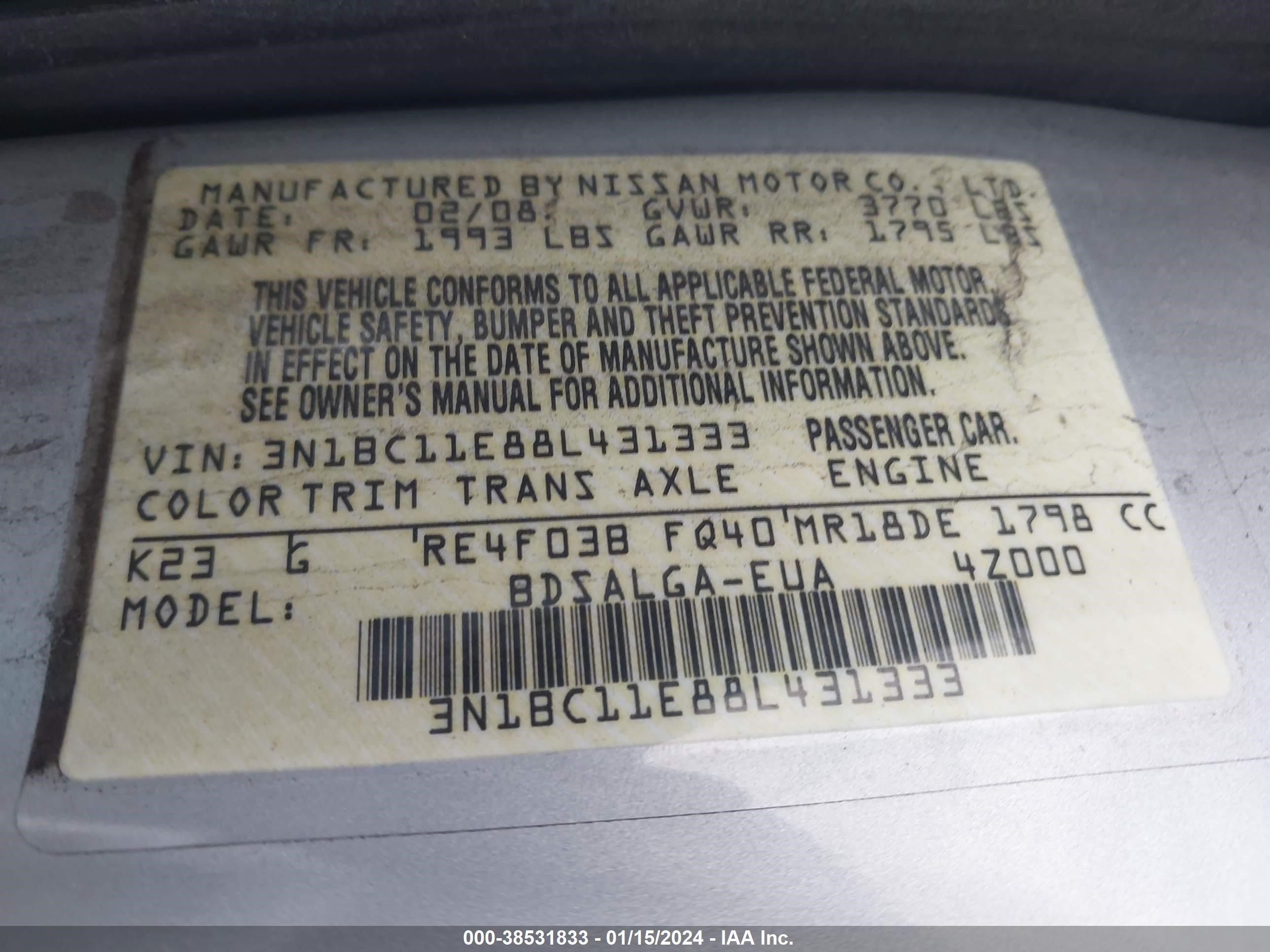 Photo 8 VIN: 3N1BC11E88L431333 - NISSAN VERSA 