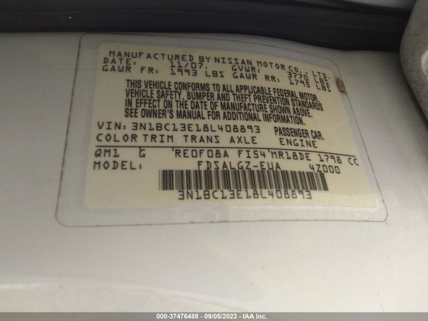 Photo 8 VIN: 3N1BC13E18L408893 - NISSAN VERSA 