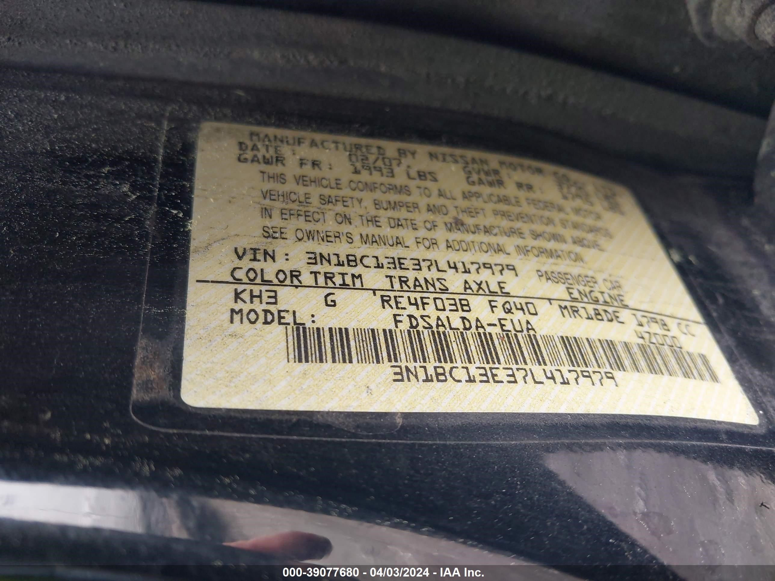 Photo 8 VIN: 3N1BC13E37L417979 - NISSAN VERSA 