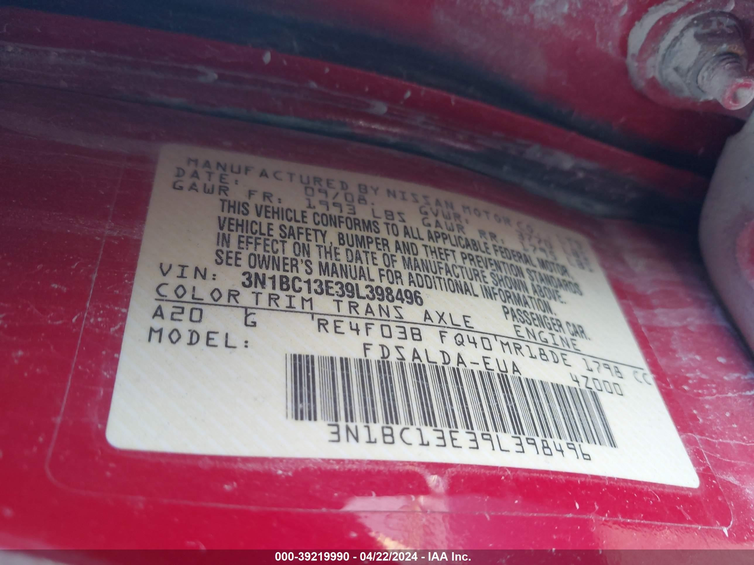 Photo 8 VIN: 3N1BC13E39L398496 - NISSAN VERSA 