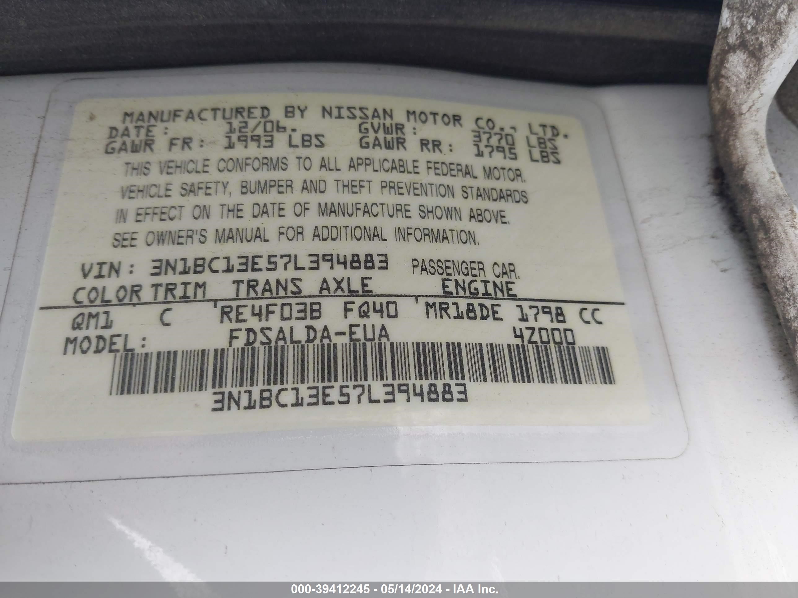 Photo 8 VIN: 3N1BC13E57L394883 - NISSAN VERSA 