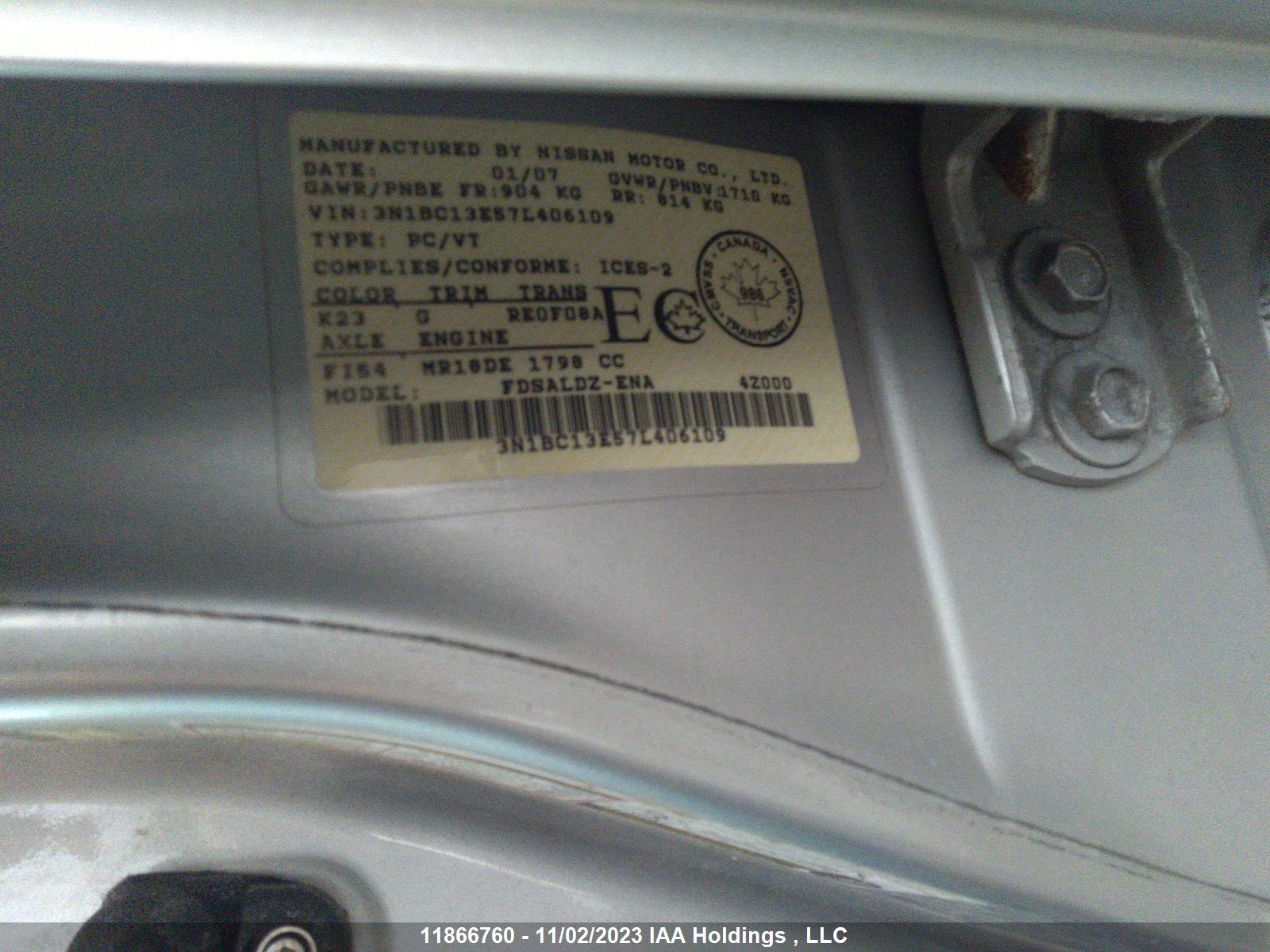 Photo 8 VIN: 3N1BC13E57L406109 - NISSAN VERSA 