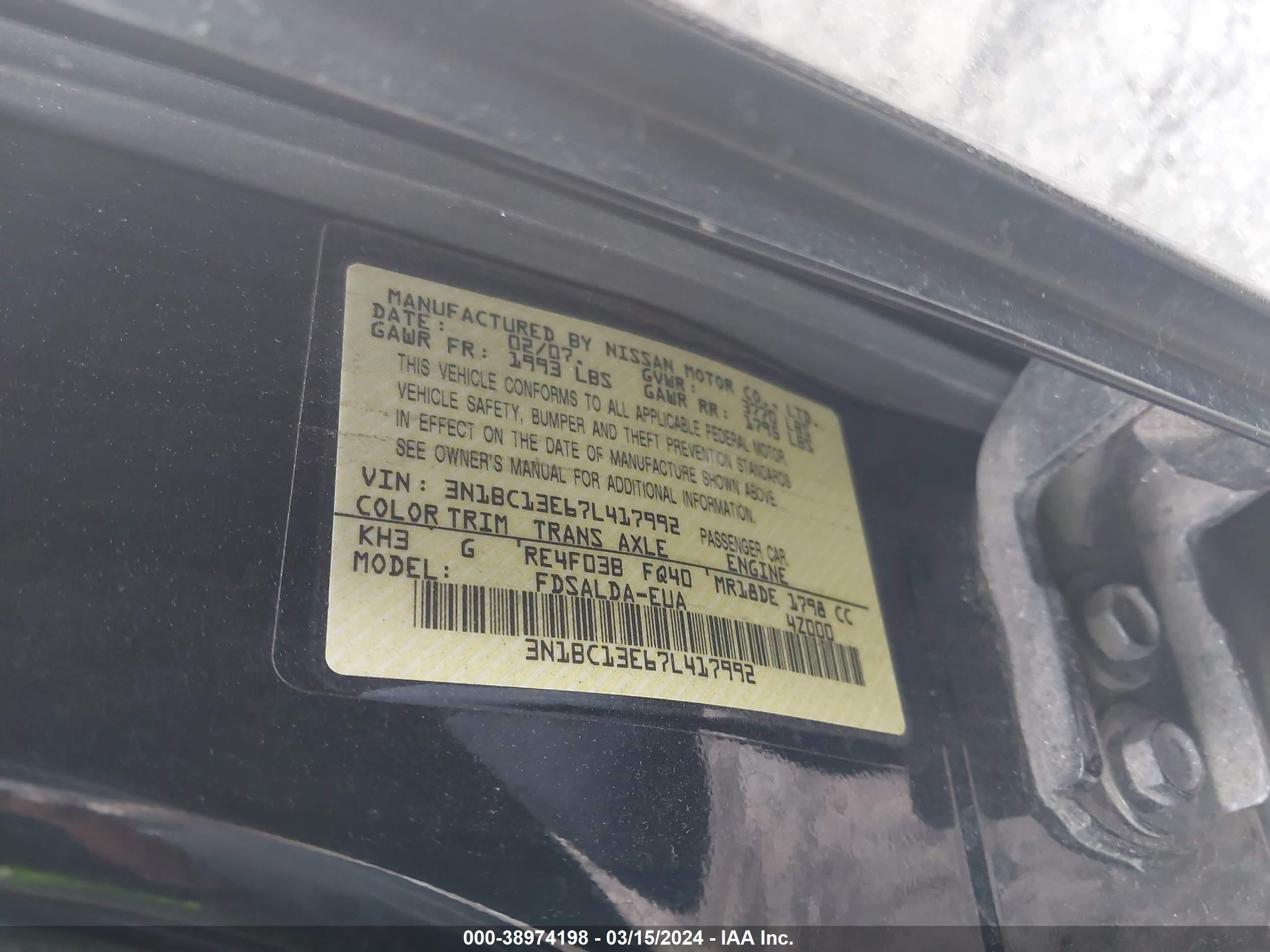 Photo 8 VIN: 3N1BC13E67L417992 - NISSAN VERSA 