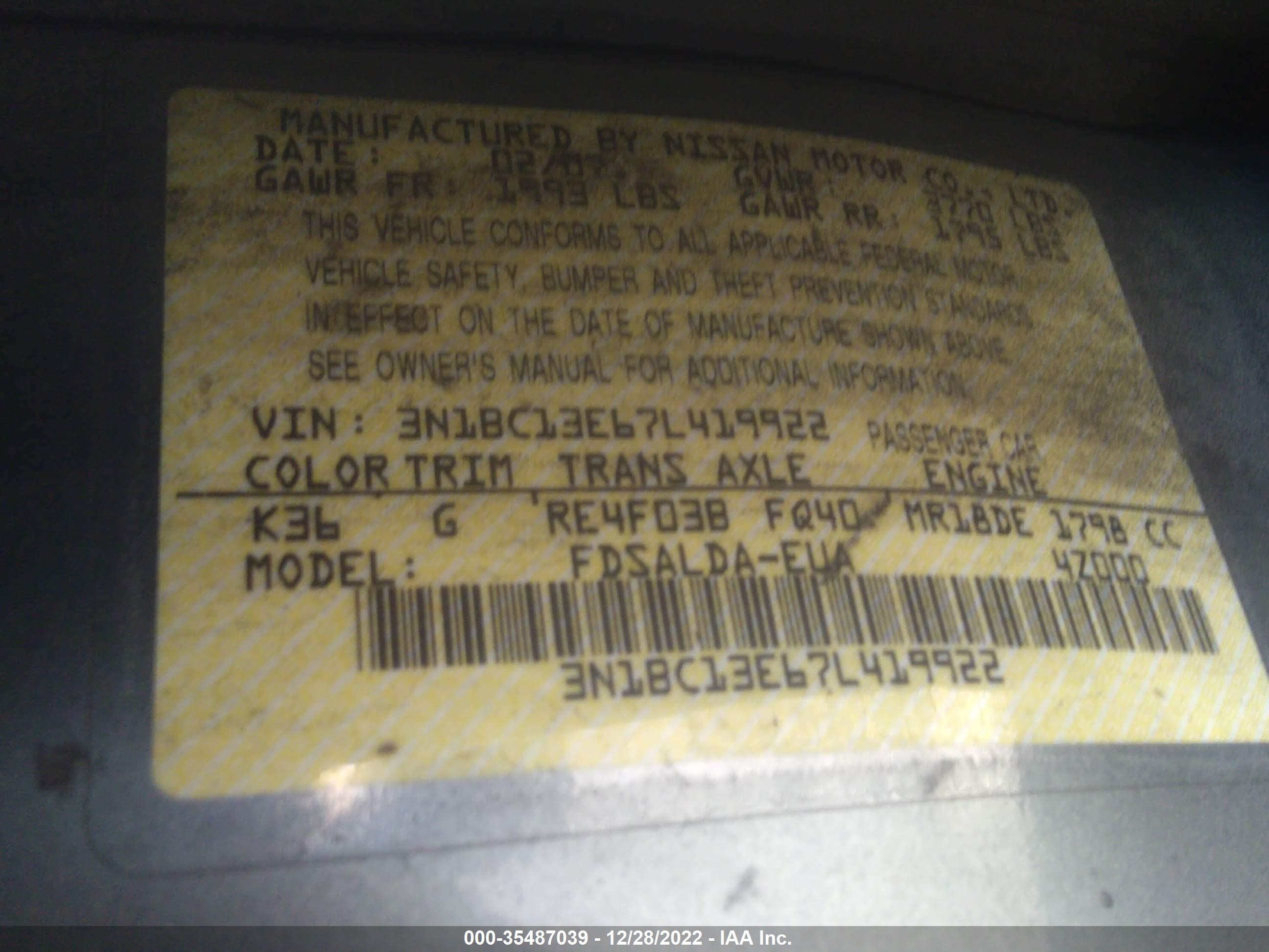 Photo 8 VIN: 3N1BC13E67L419922 - NISSAN VERSA 