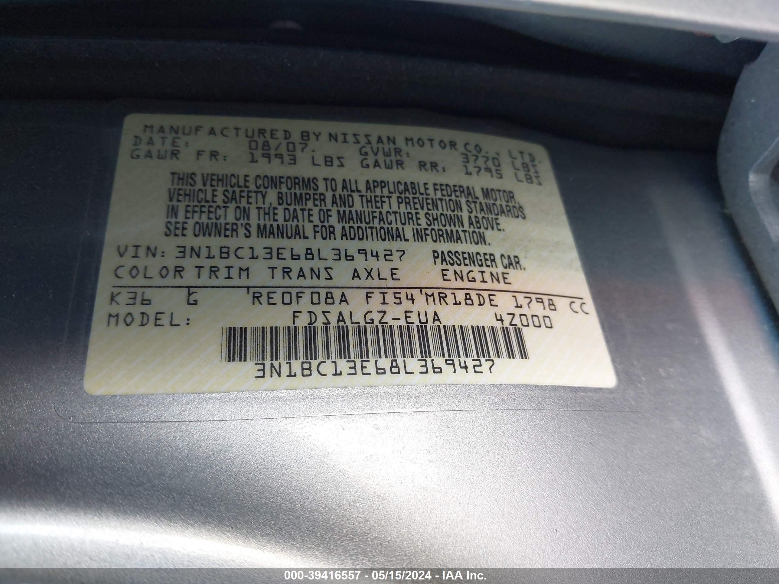 Photo 8 VIN: 3N1BC13E68L369427 - NISSAN VERSA 