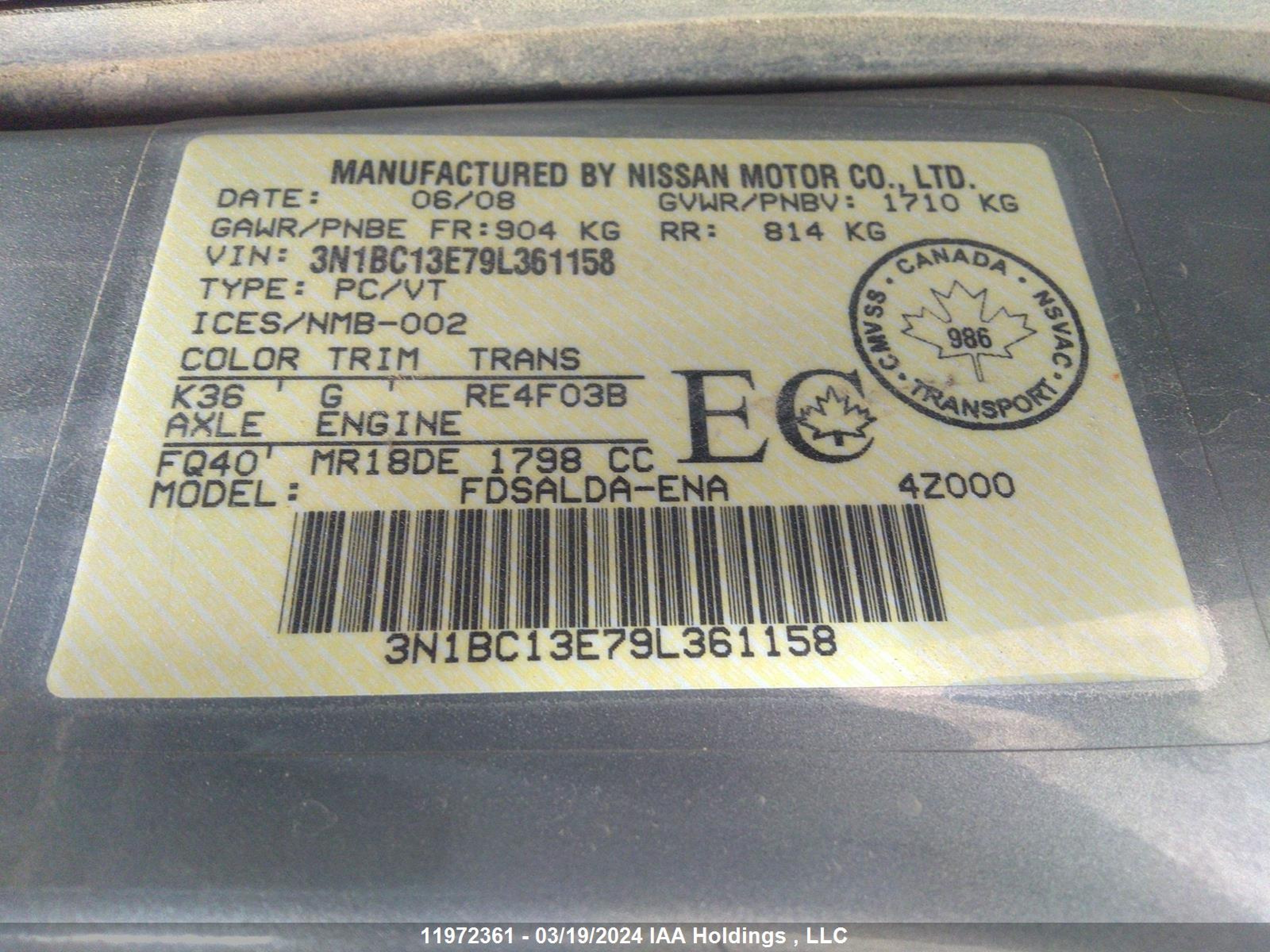 Photo 8 VIN: 3N1BC13E79L361158 - NISSAN VERSA 