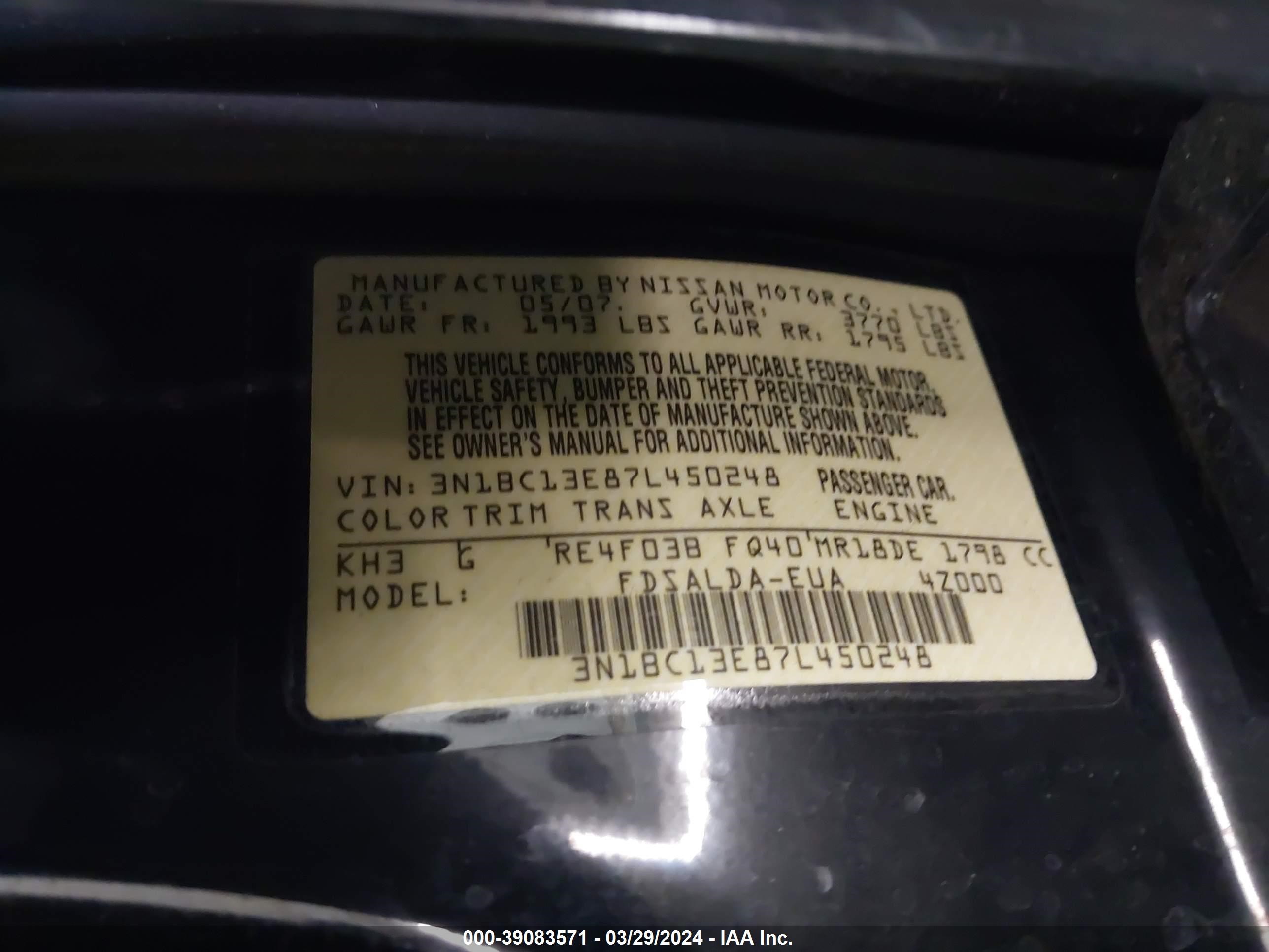 Photo 8 VIN: 3N1BC13E87L450248 - NISSAN VERSA 