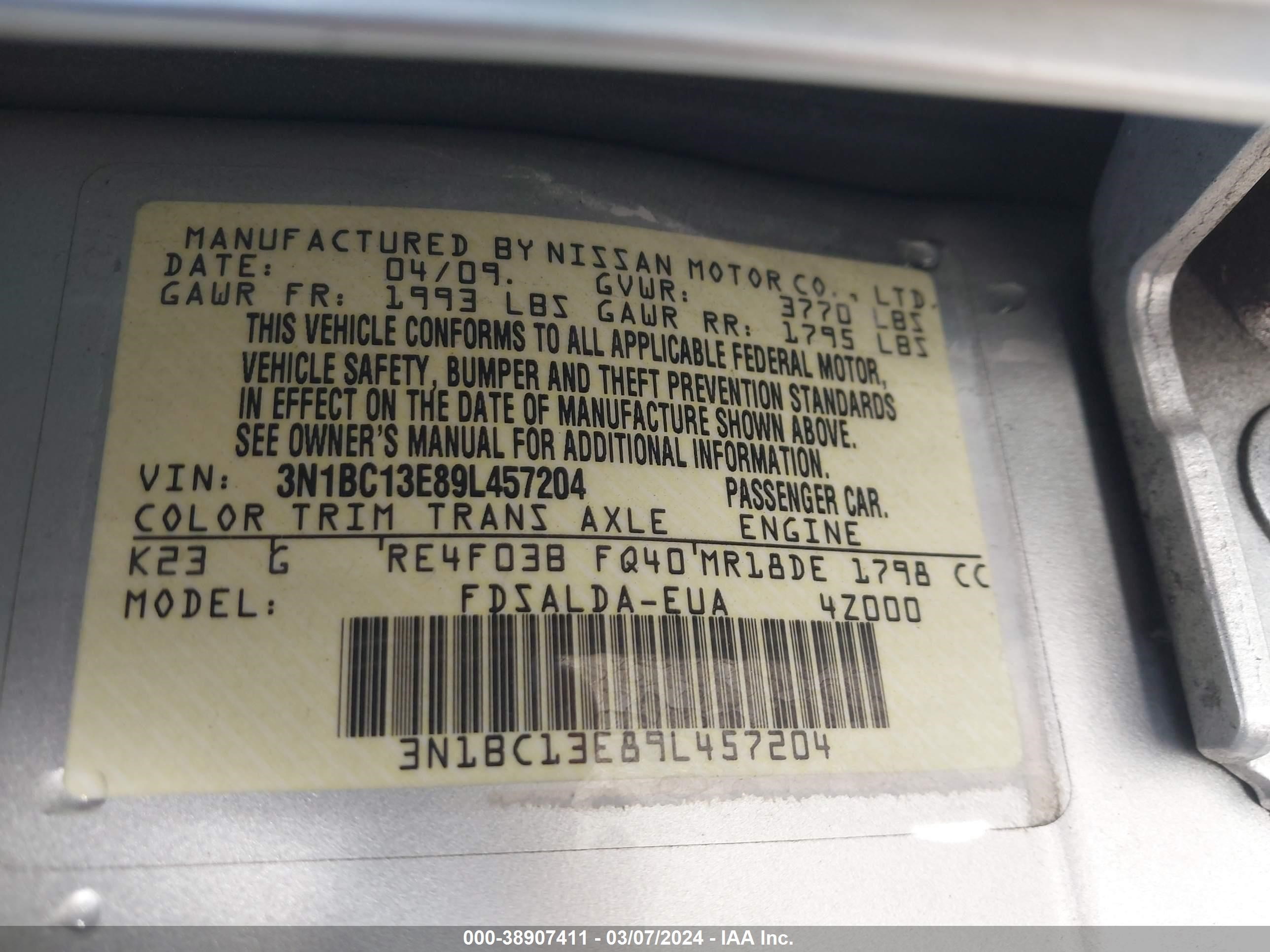 Photo 8 VIN: 3N1BC13E89L457204 - NISSAN VERSA 