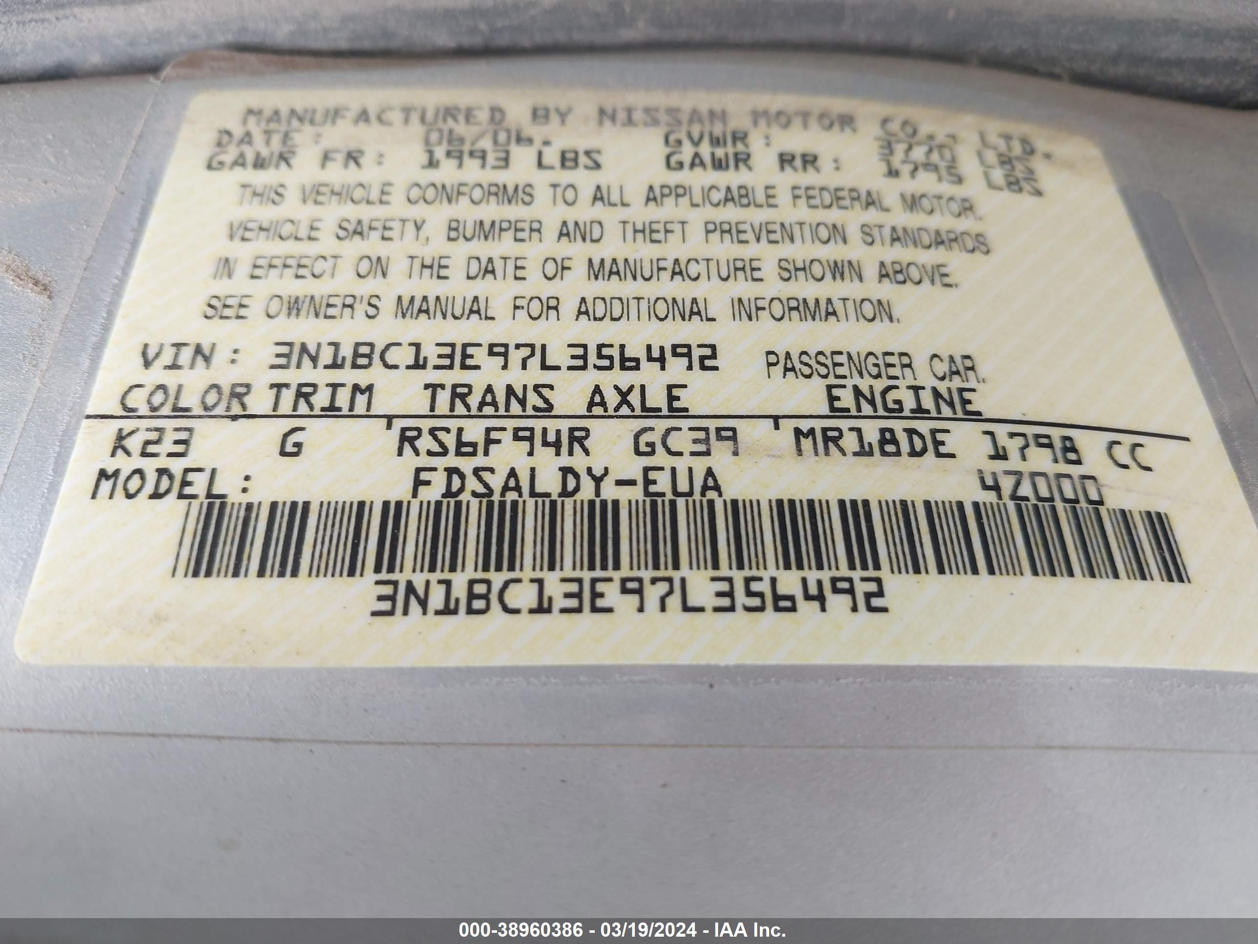 Photo 8 VIN: 3N1BC13E97L356492 - NISSAN VERSA 