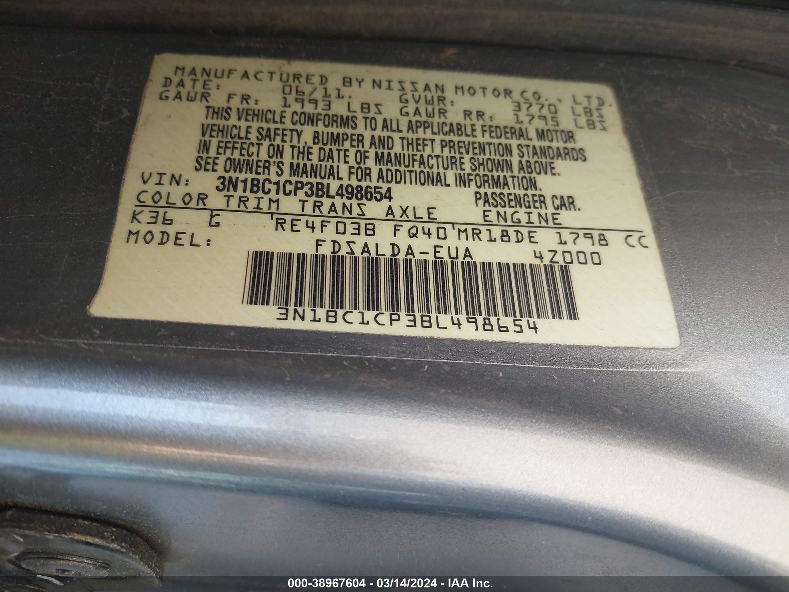 Photo 8 VIN: 3N1BC1CP3BL498654 - NISSAN VERSA 