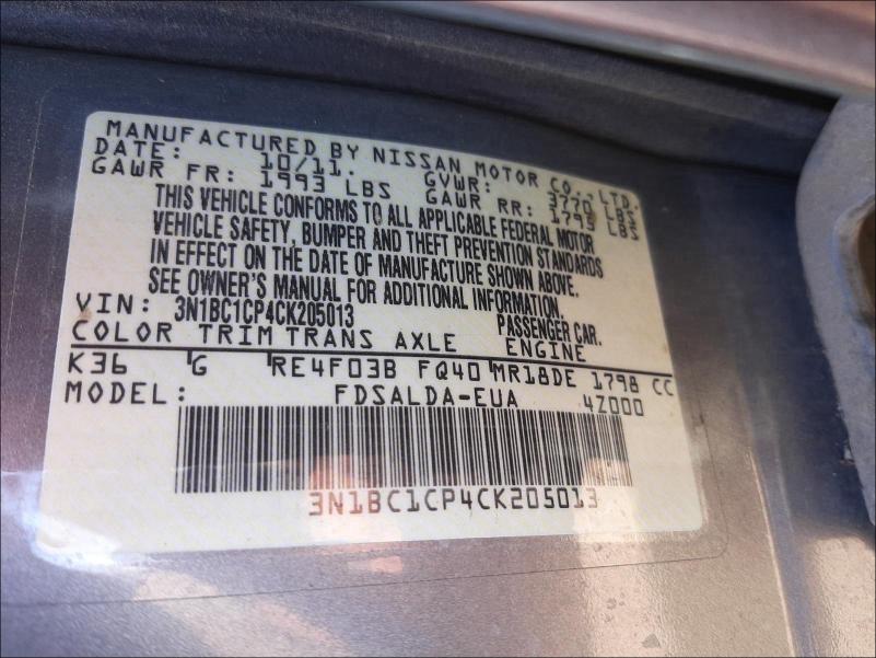 Photo 9 VIN: 3N1BC1CP4CK205013 - NISSAN VERSA S 