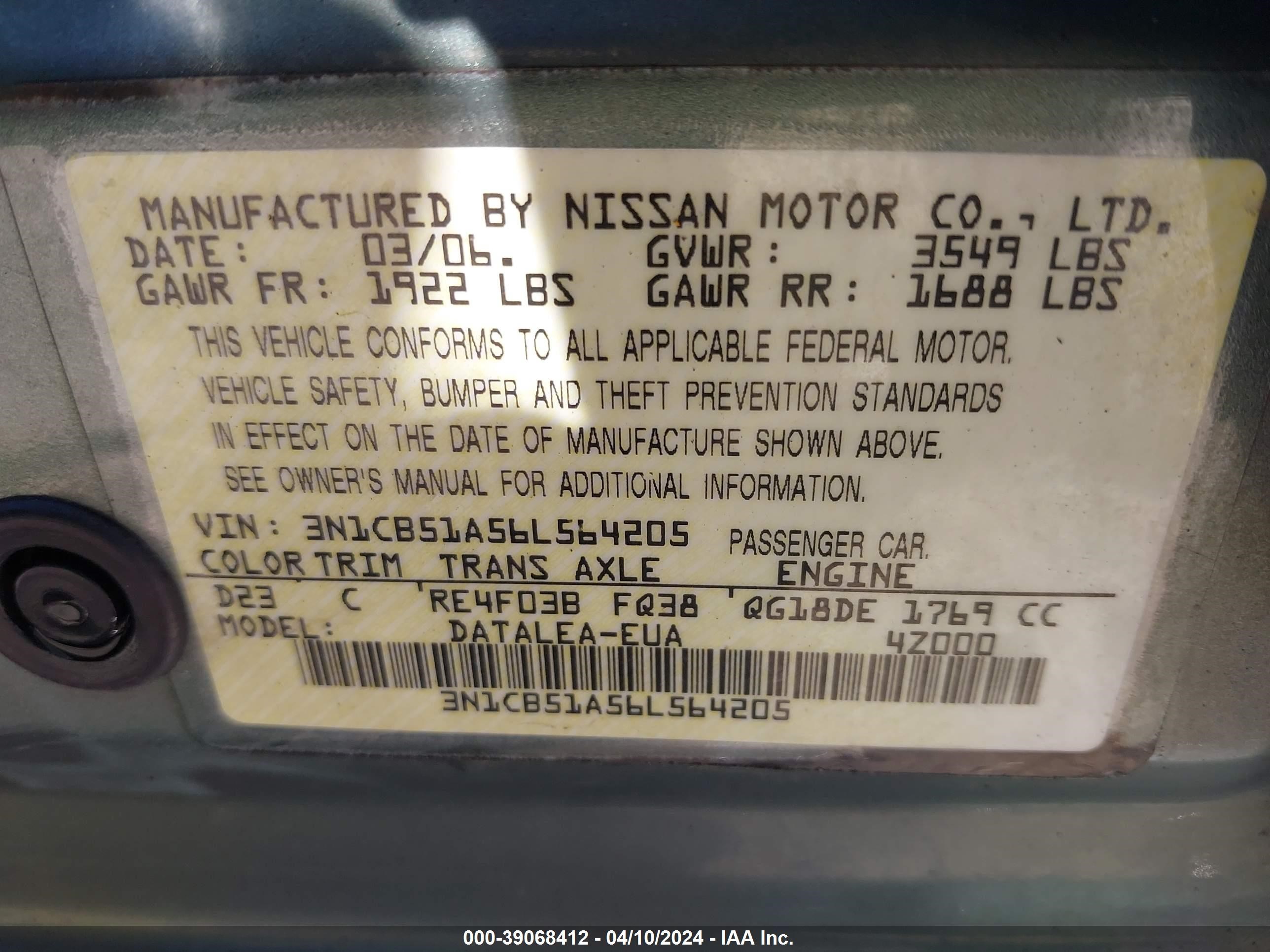 Photo 8 VIN: 3N1CB51A56L564205 - NISSAN SENTRA 