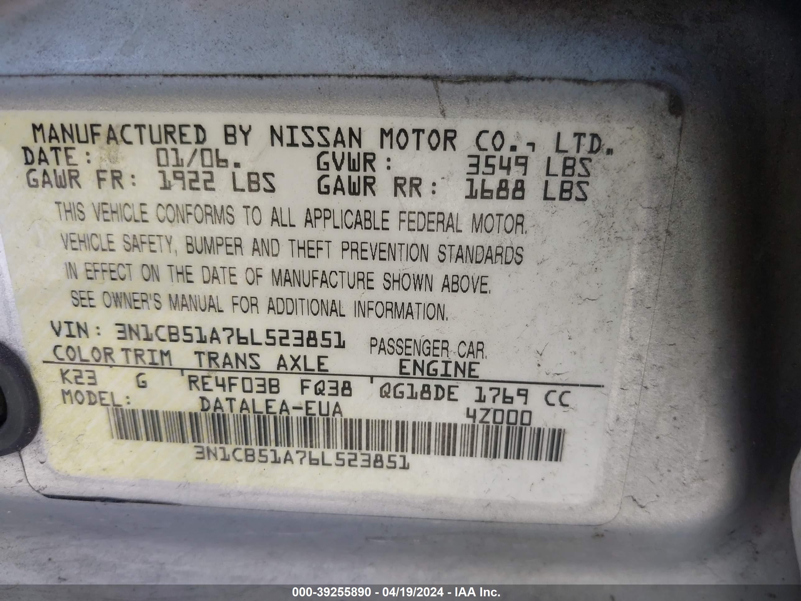 Photo 8 VIN: 3N1CB51A76L523851 - NISSAN SENTRA 