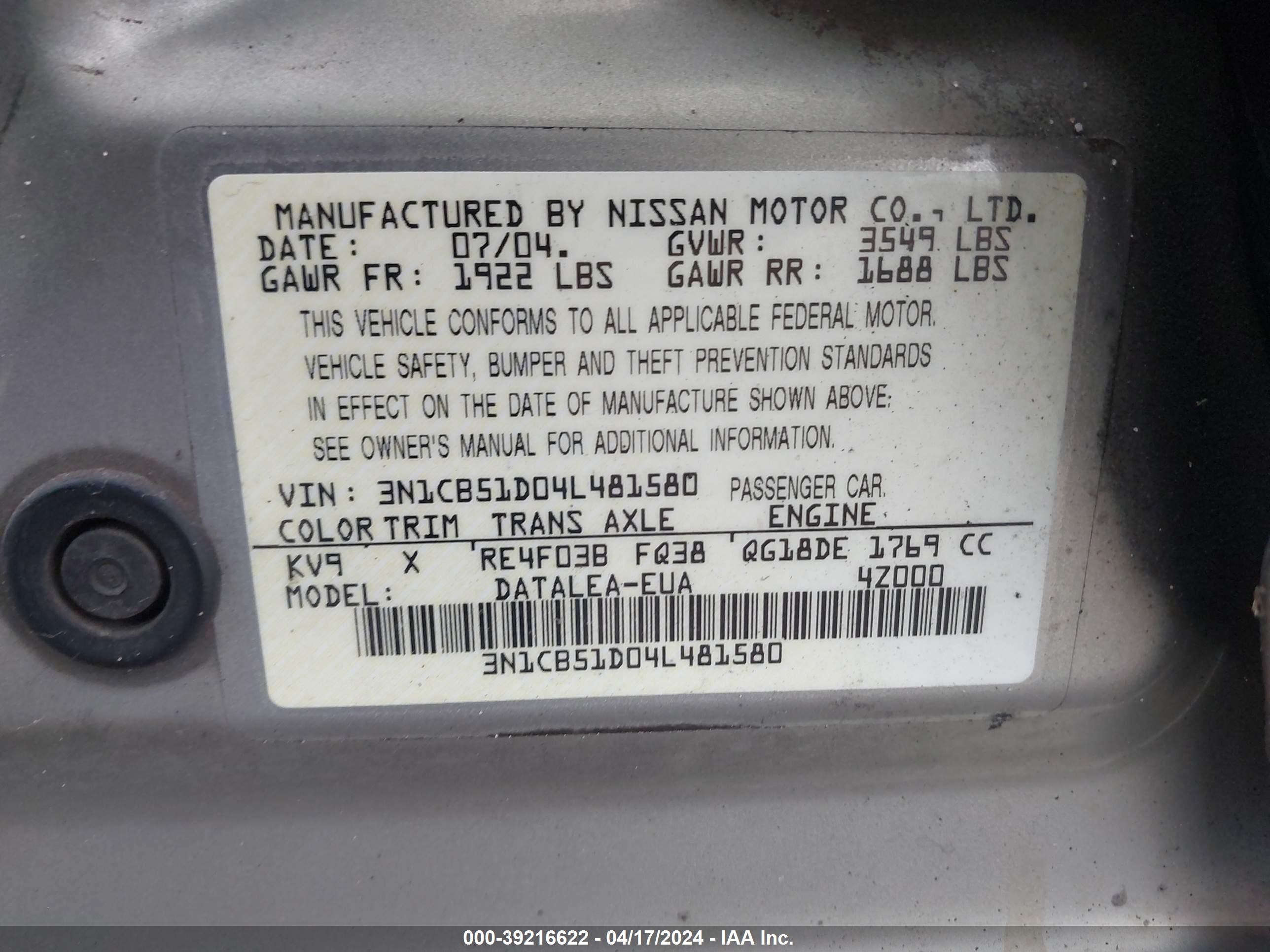 Photo 8 VIN: 3N1CB51D04L481580 - NISSAN SENTRA 