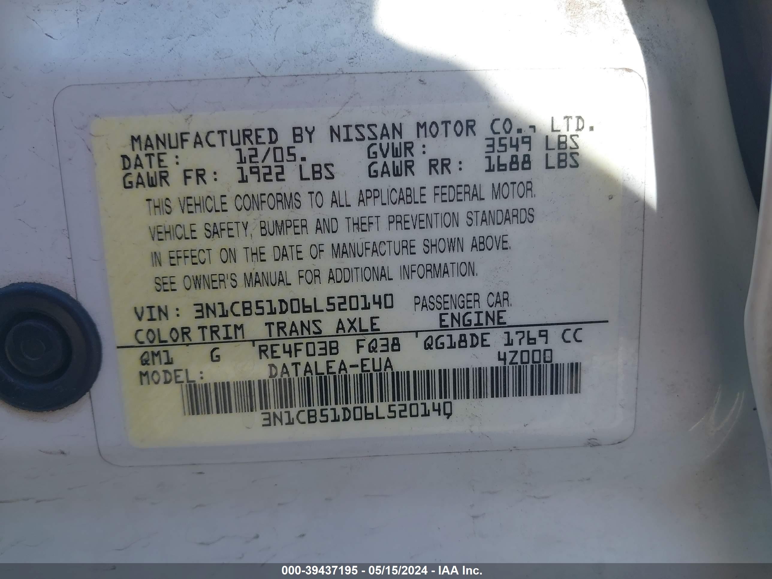 Photo 8 VIN: 3N1CB51D06L520140 - NISSAN SENTRA 