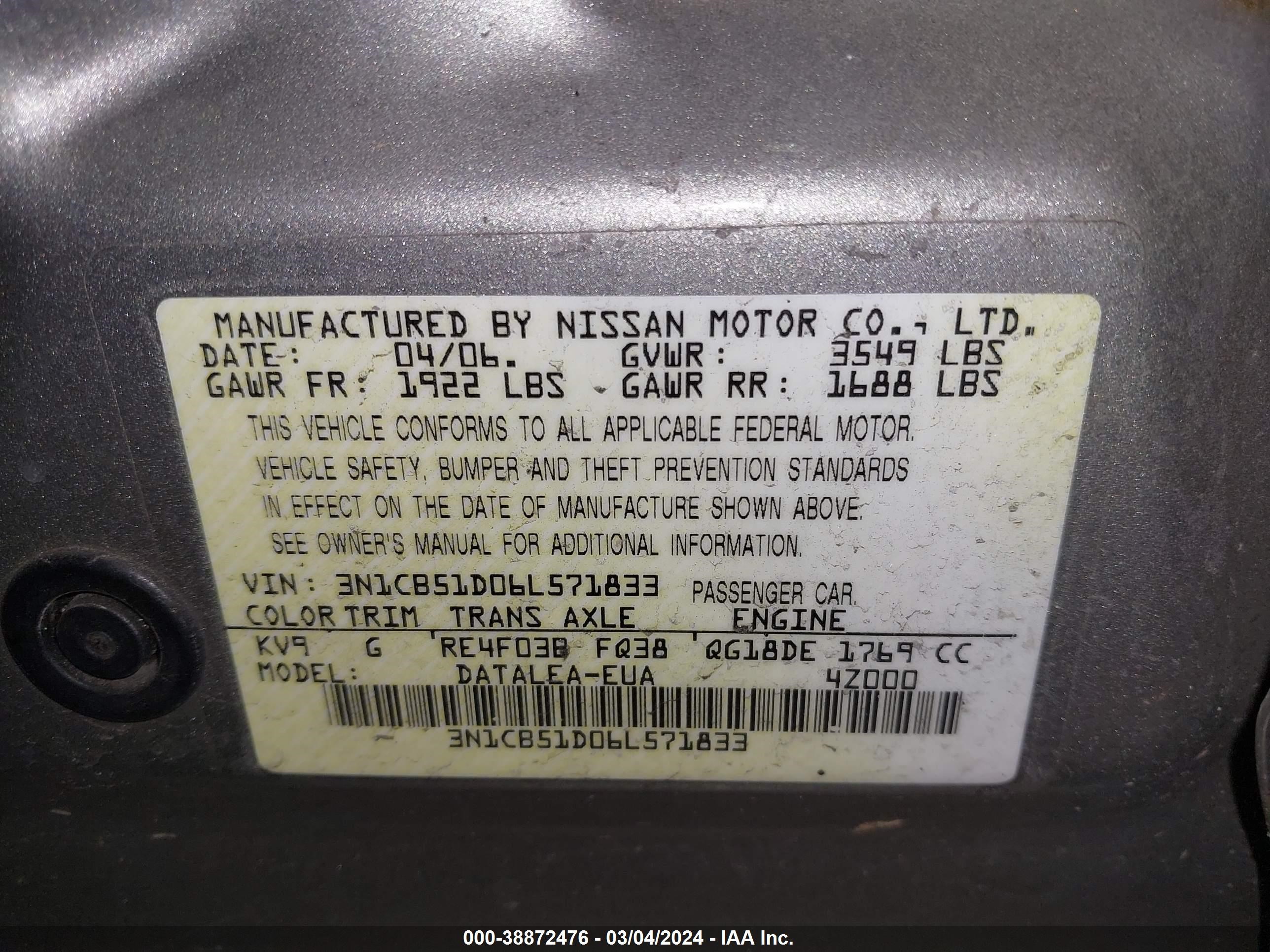 Photo 8 VIN: 3N1CB51D06L571833 - NISSAN SENTRA 