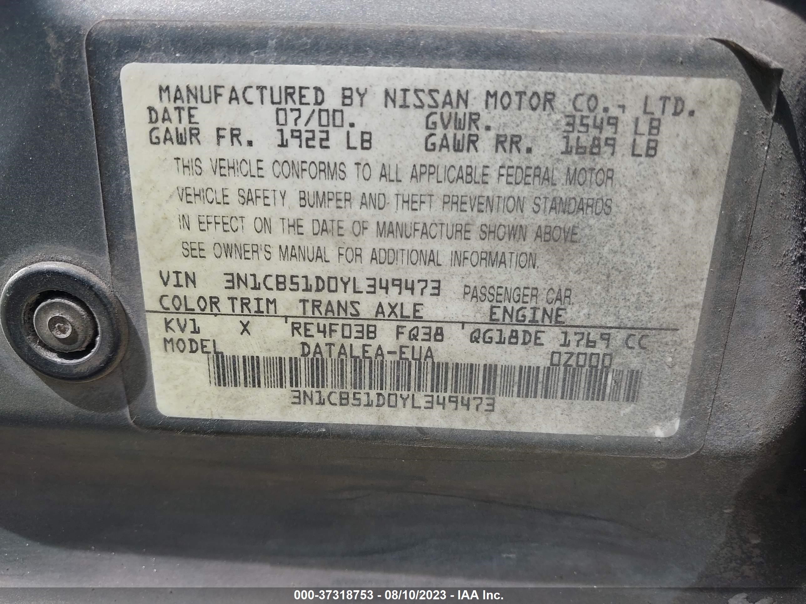 Photo 8 VIN: 3N1CB51D0YL349473 - NISSAN SENTRA 