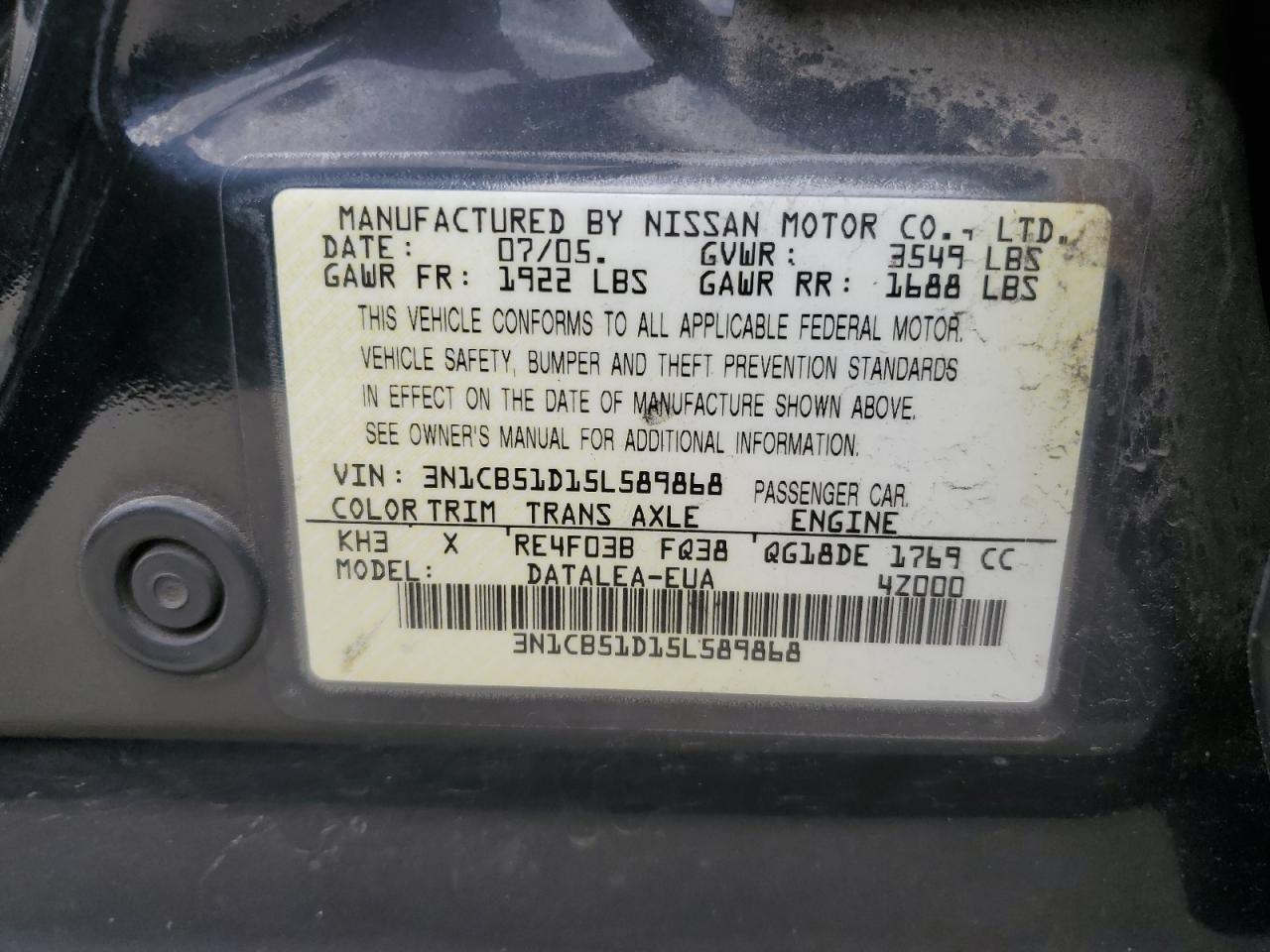 Photo 12 VIN: 3N1CB51D15L589868 - NISSAN SENTRA 