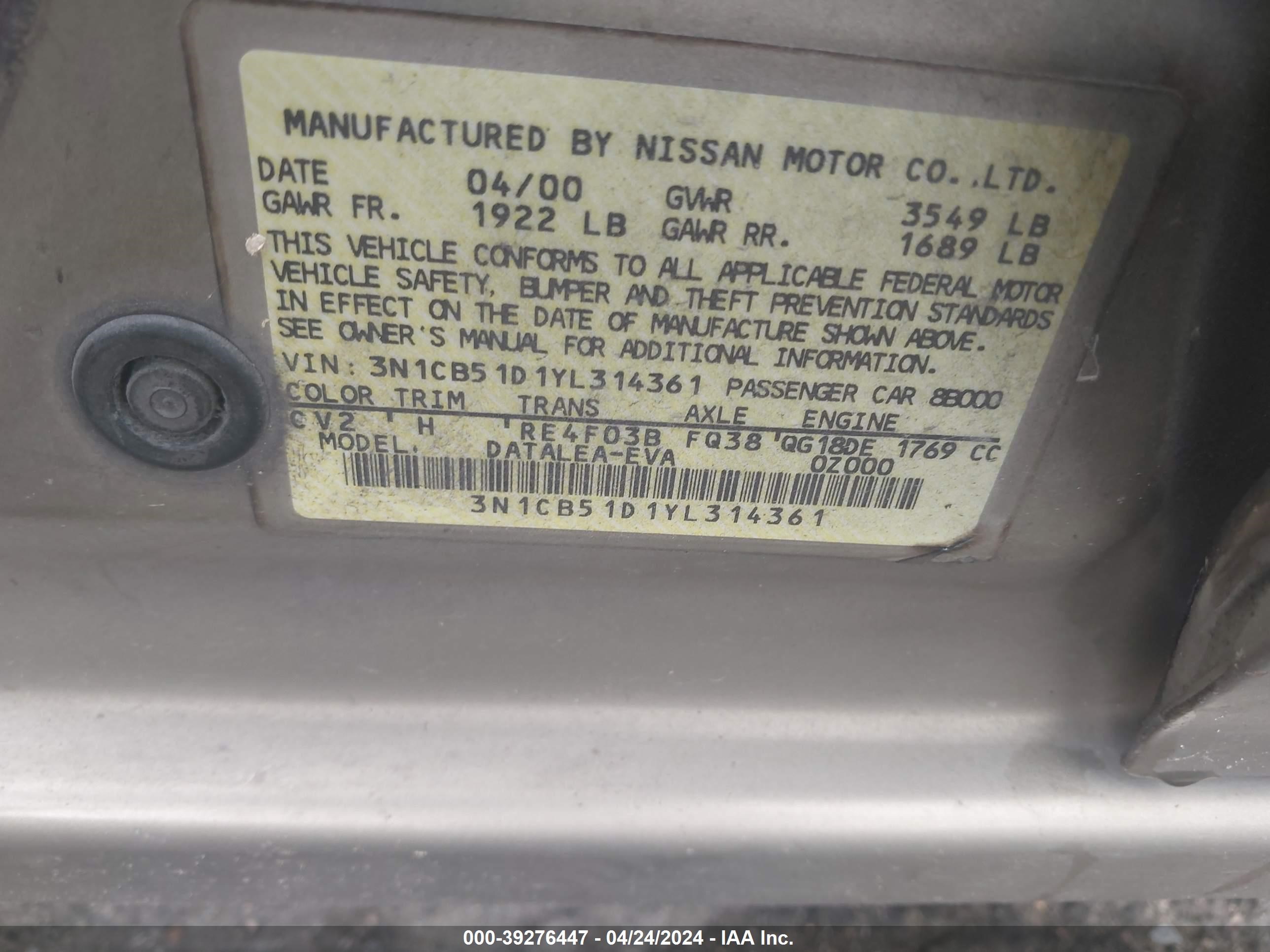 Photo 8 VIN: 3N1CB51D1YL314361 - NISSAN SENTRA 