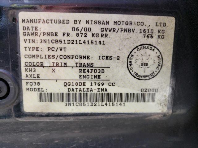 Photo 11 VIN: 3N1CB51D21L415141 - NISSAN SENTRA XE 