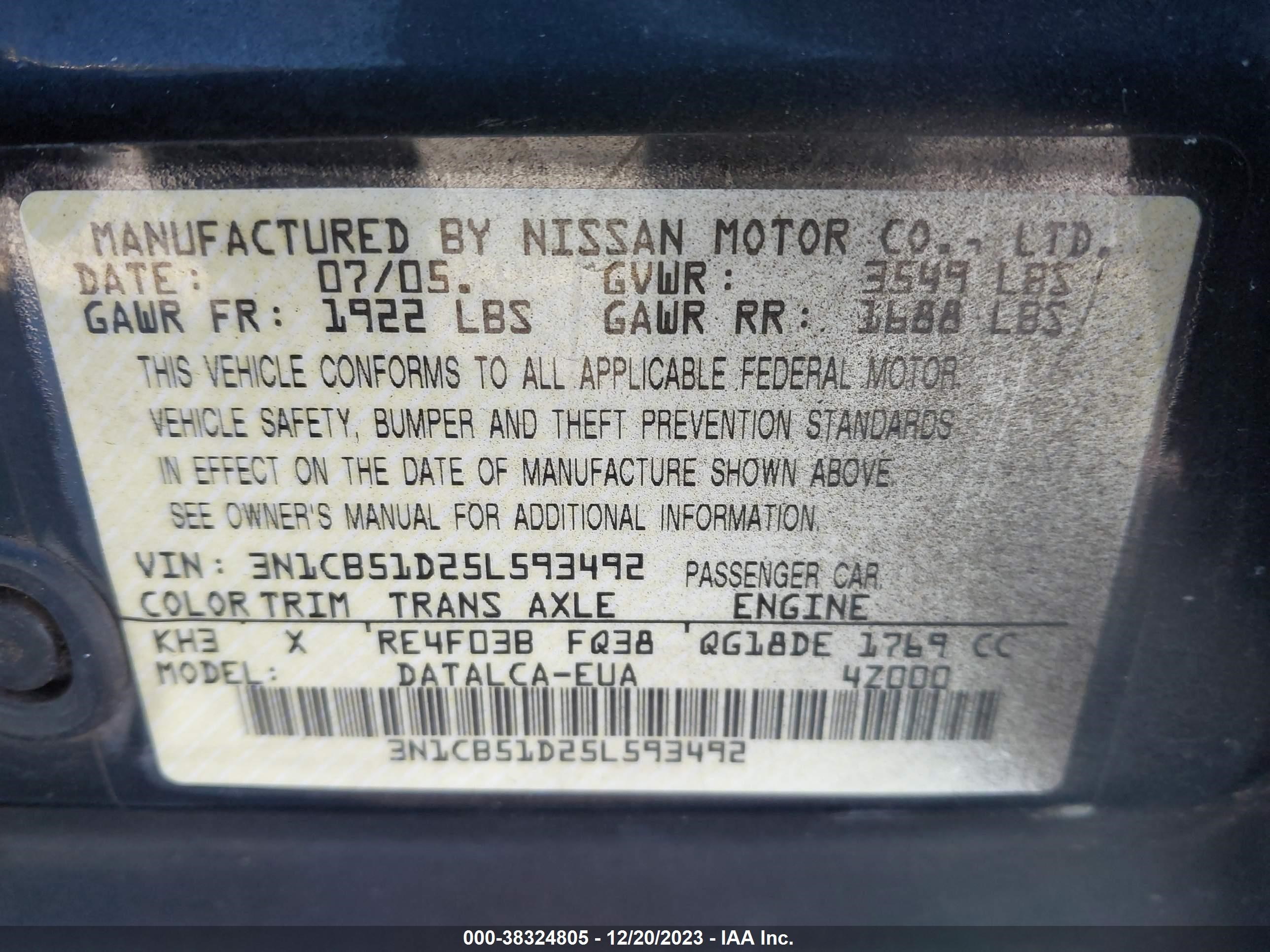 Photo 8 VIN: 3N1CB51D25L593492 - NISSAN SENTRA 