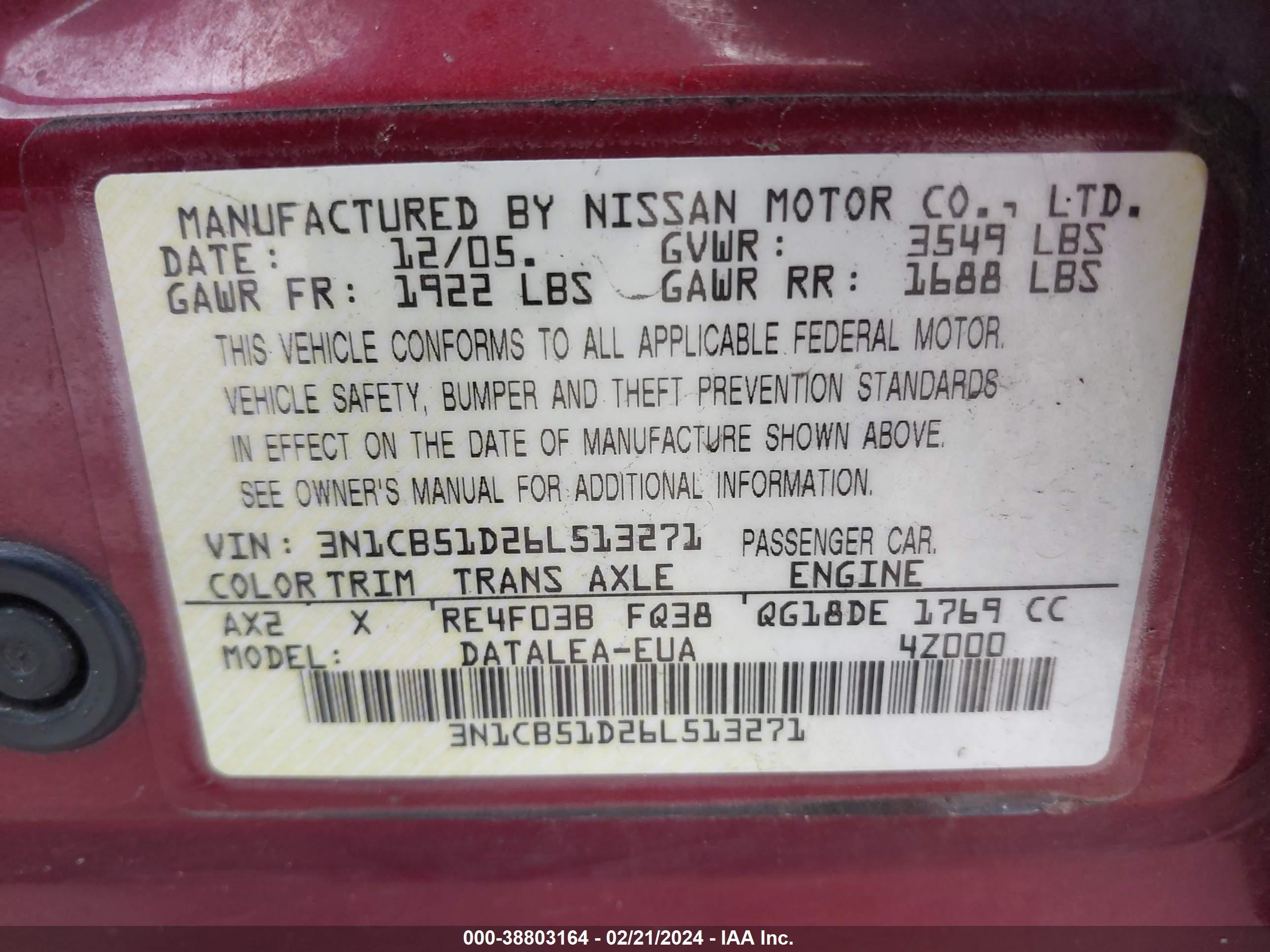 Photo 8 VIN: 3N1CB51D26L513271 - NISSAN SENTRA 