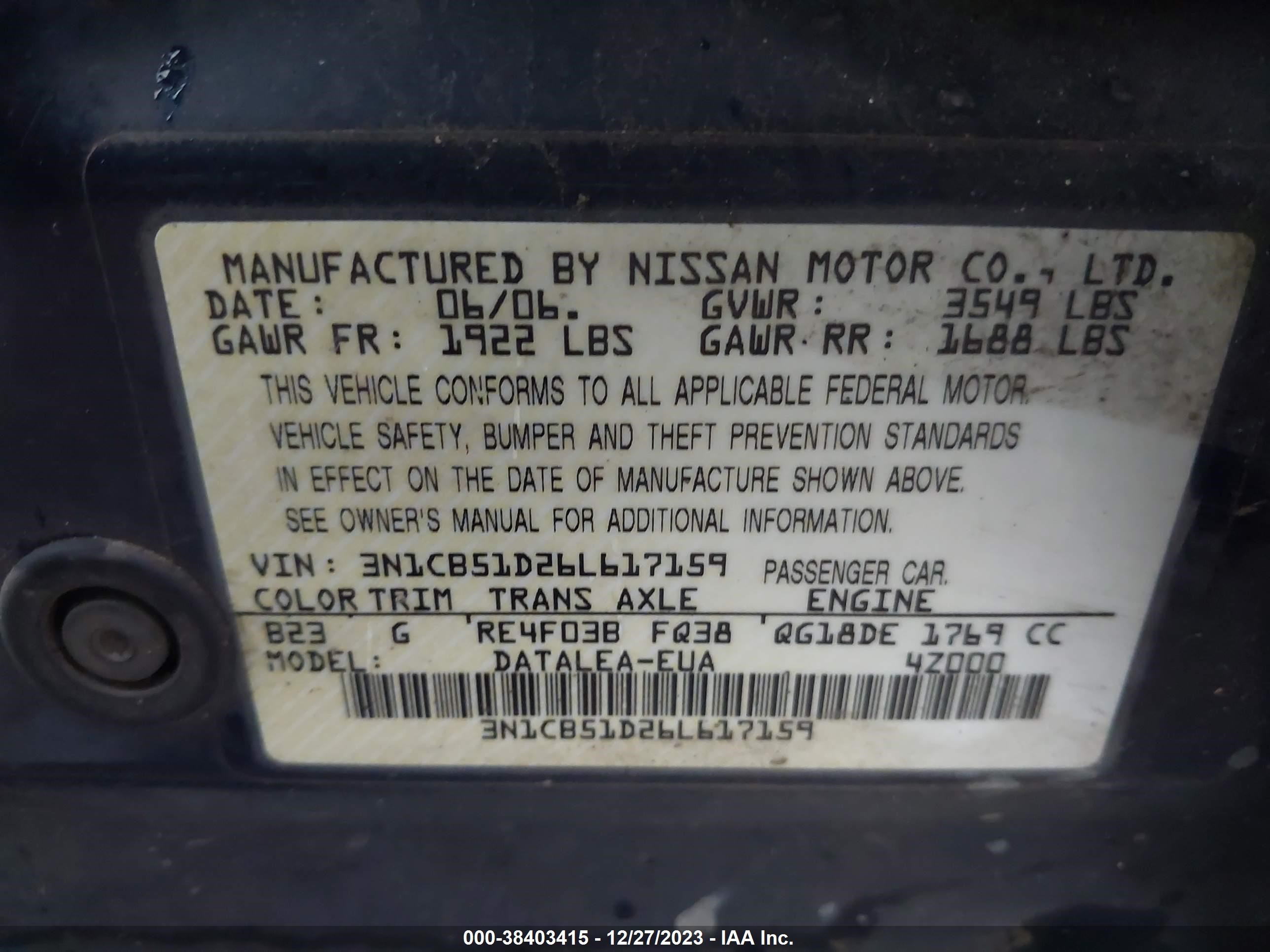 Photo 8 VIN: 3N1CB51D26L617159 - NISSAN SENTRA 