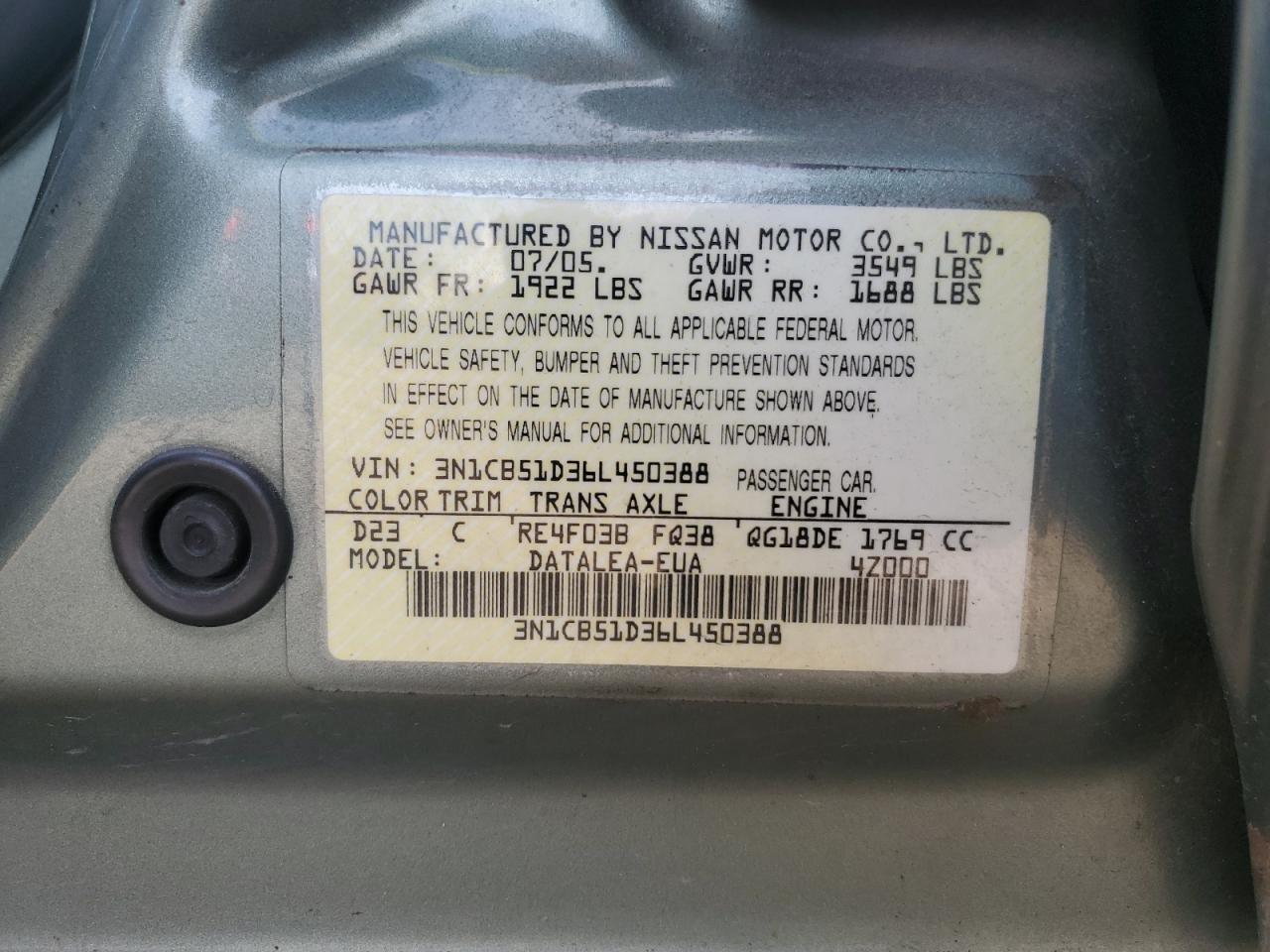 Photo 11 VIN: 3N1CB51D36L450388 - NISSAN SENTRA 