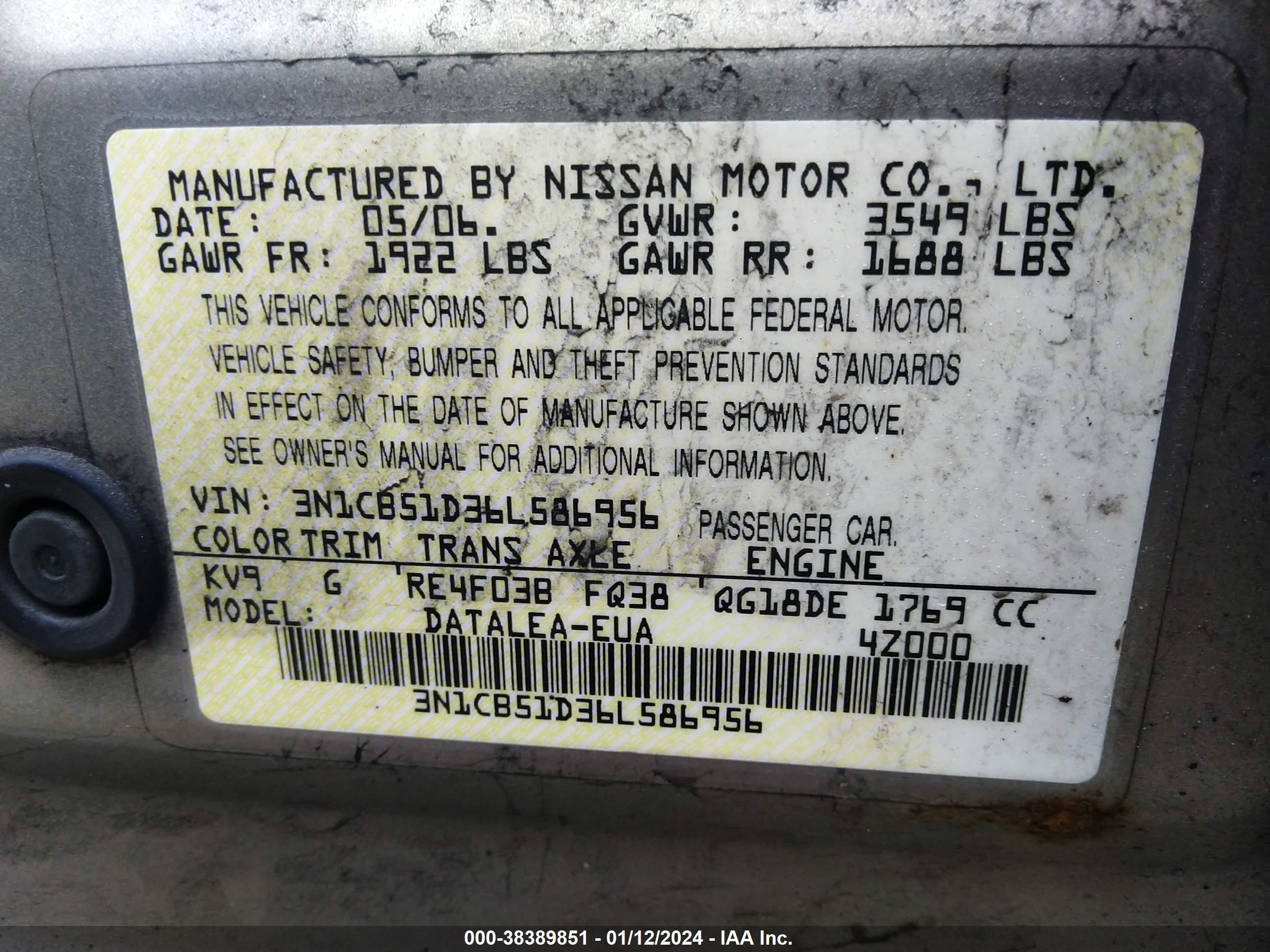 Photo 8 VIN: 3N1CB51D36L586956 - NISSAN SENTRA 