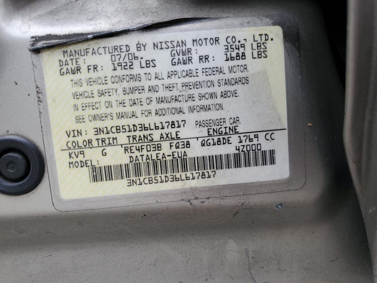 Photo 11 VIN: 3N1CB51D36L617817 - NISSAN SENTRA 