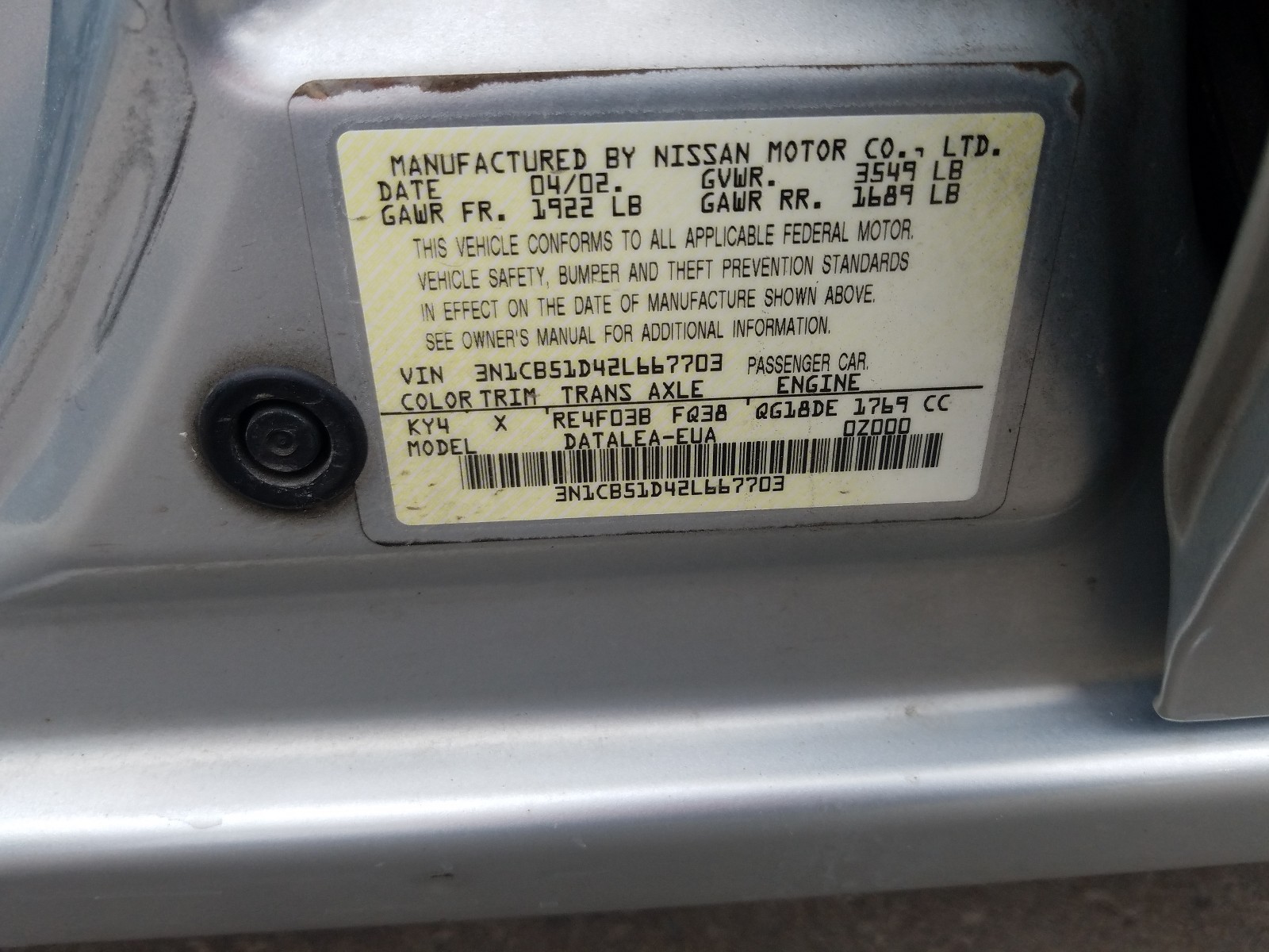 Photo 9 VIN: 3N1CB51D42L667703 - NISSAN SENTRA XE 