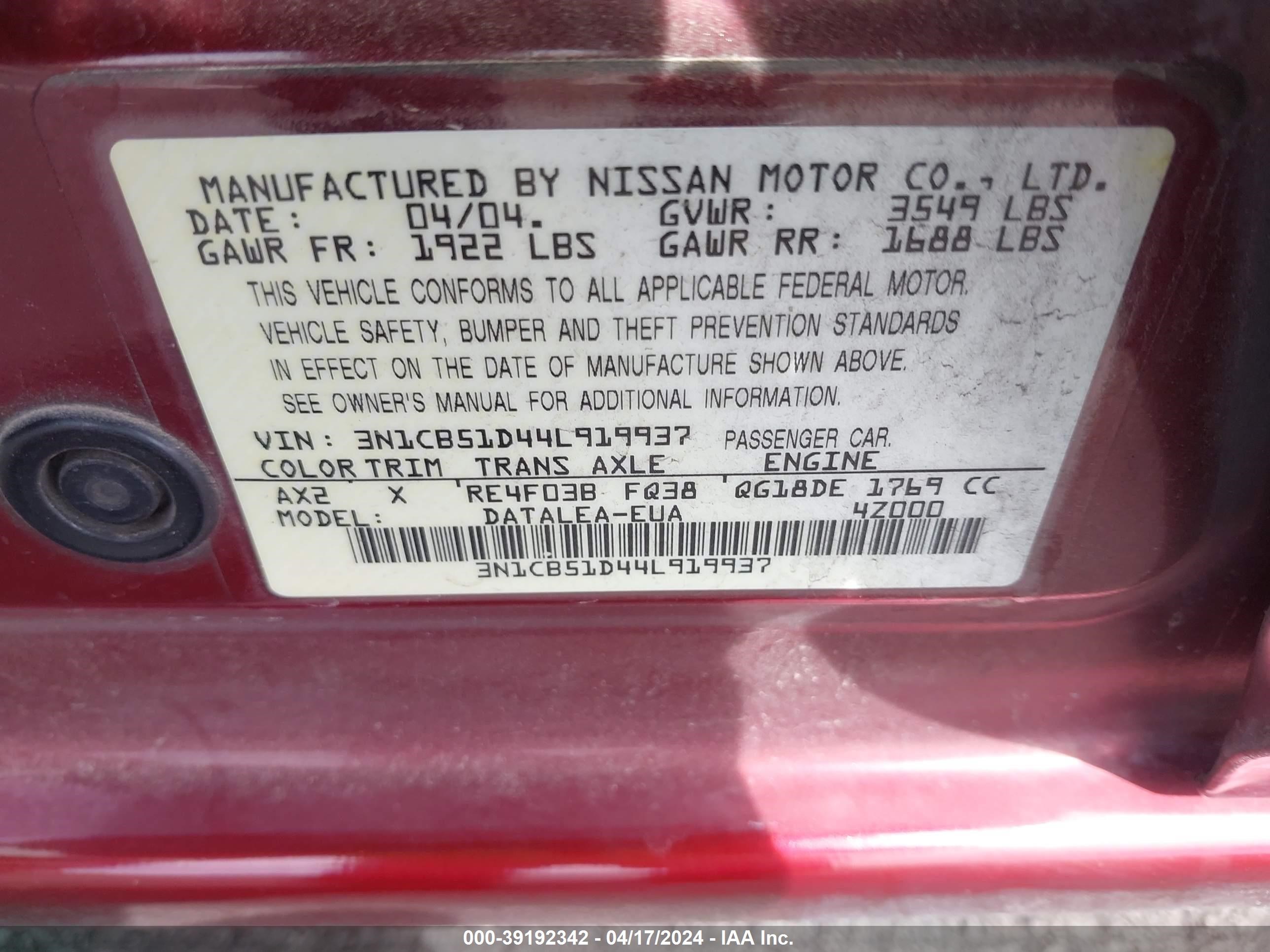 Photo 8 VIN: 3N1CB51D44L919937 - NISSAN SENTRA 