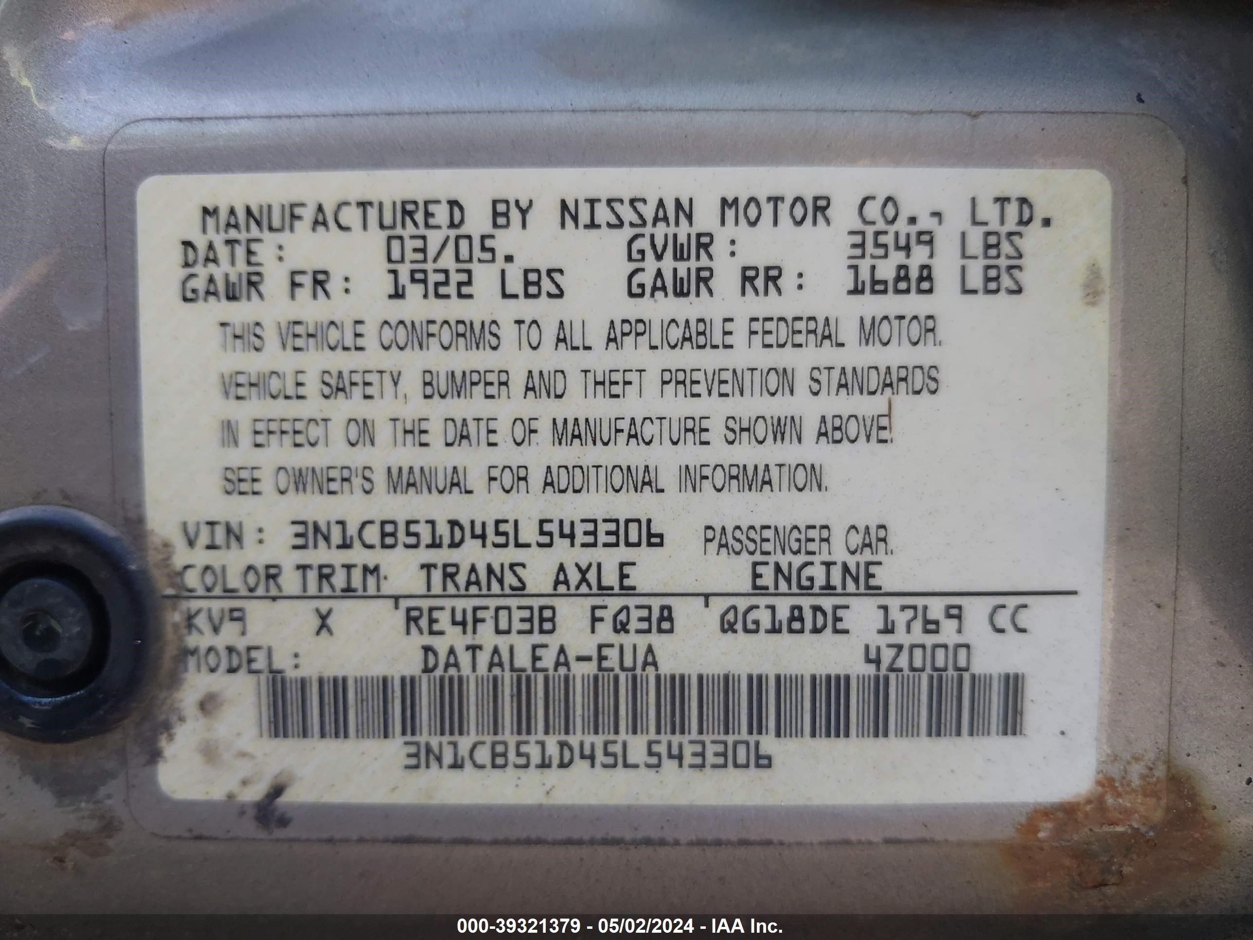 Photo 8 VIN: 3N1CB51D45L543306 - NISSAN SENTRA 