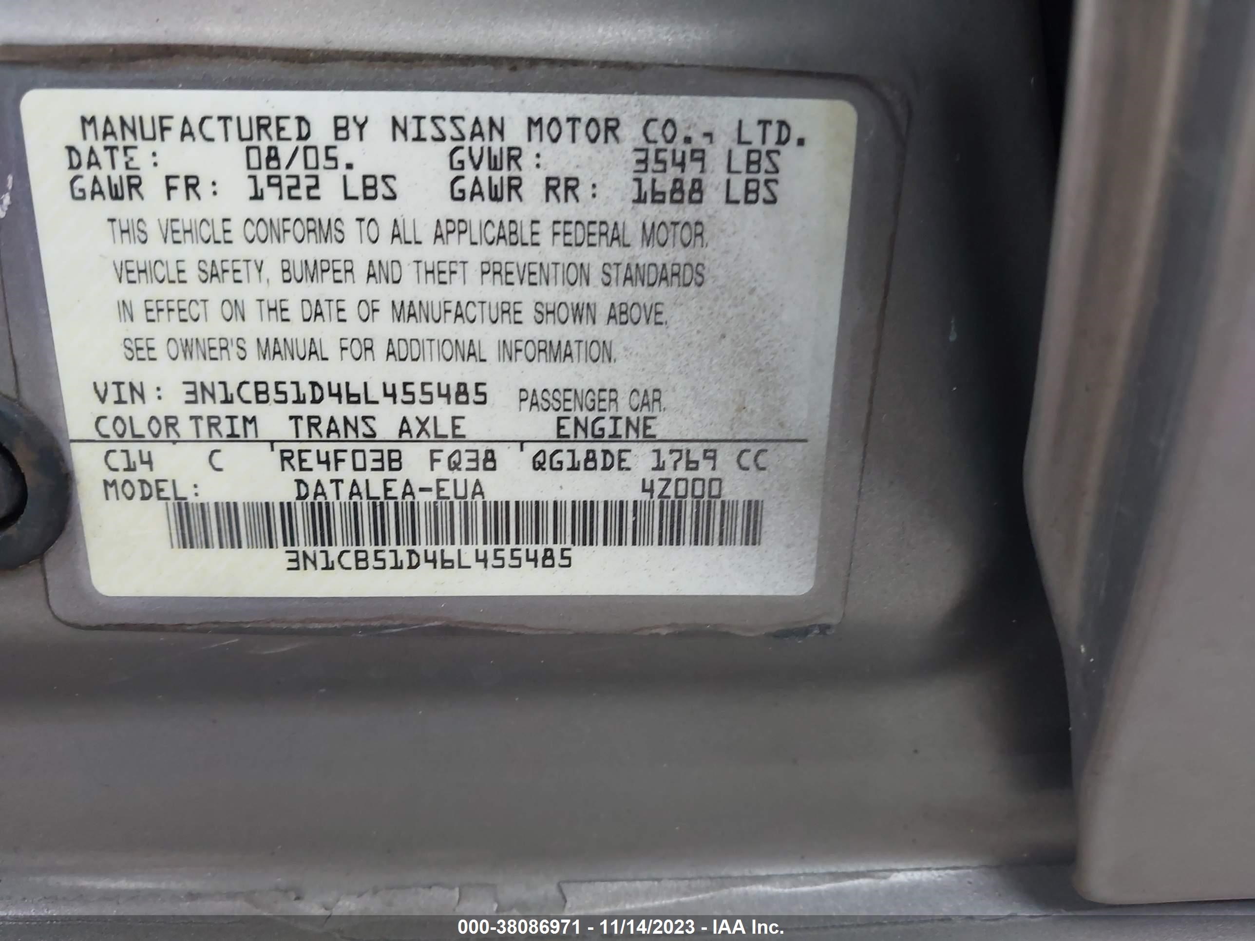 Photo 8 VIN: 3N1CB51D46L455485 - NISSAN SENTRA 