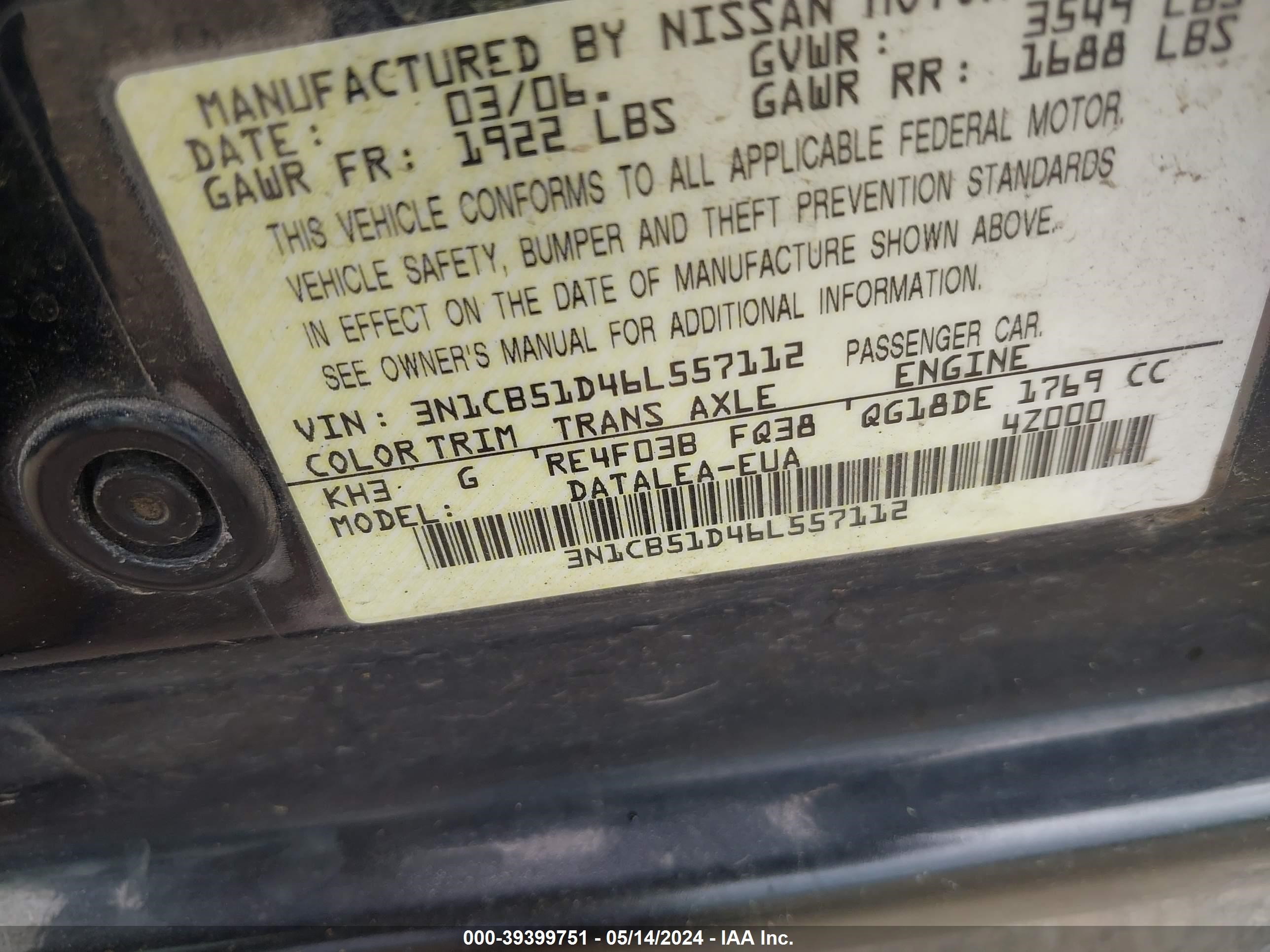 Photo 8 VIN: 3N1CB51D46L557112 - NISSAN SENTRA 