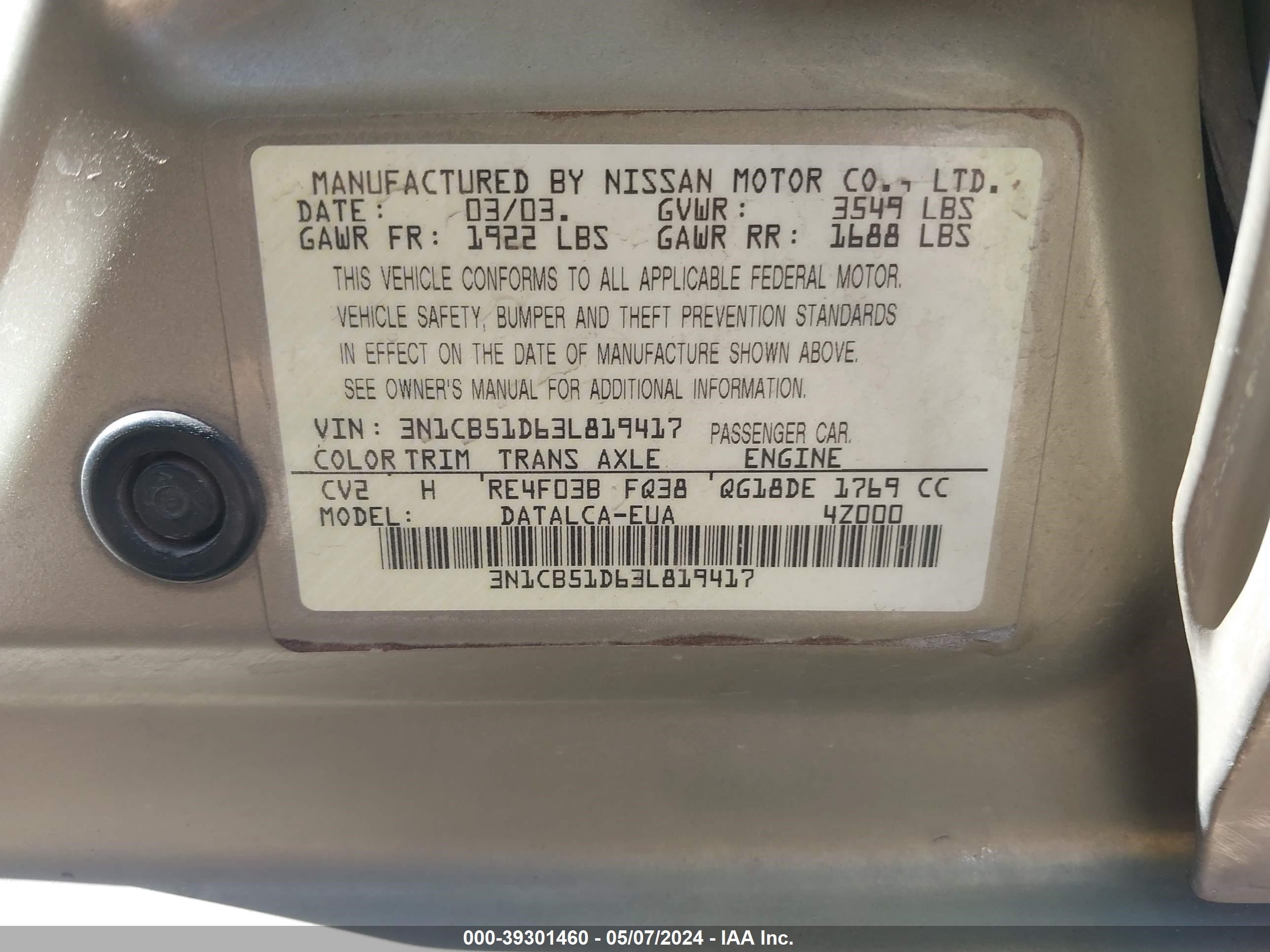 Photo 8 VIN: 3N1CB51D63L819417 - NISSAN SENTRA 