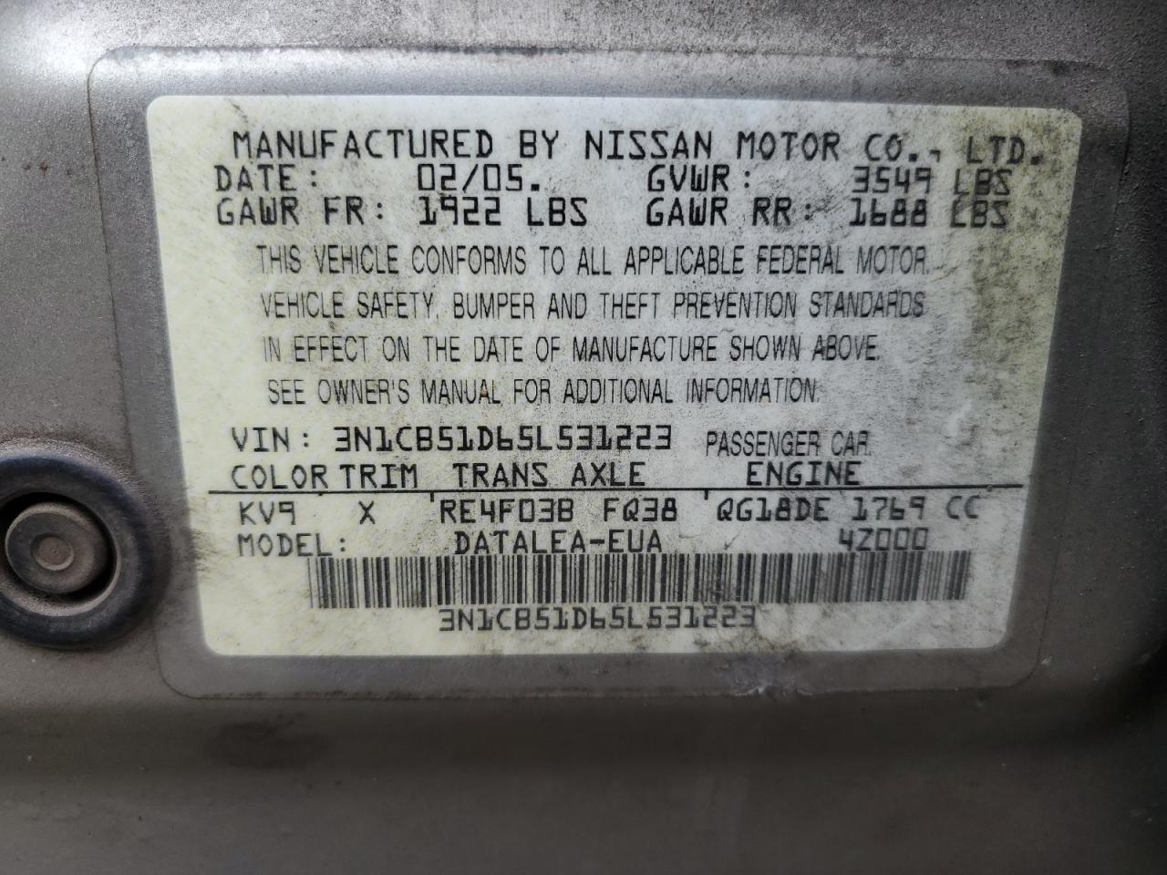 Photo 11 VIN: 3N1CB51D65L531223 - NISSAN SENTRA 