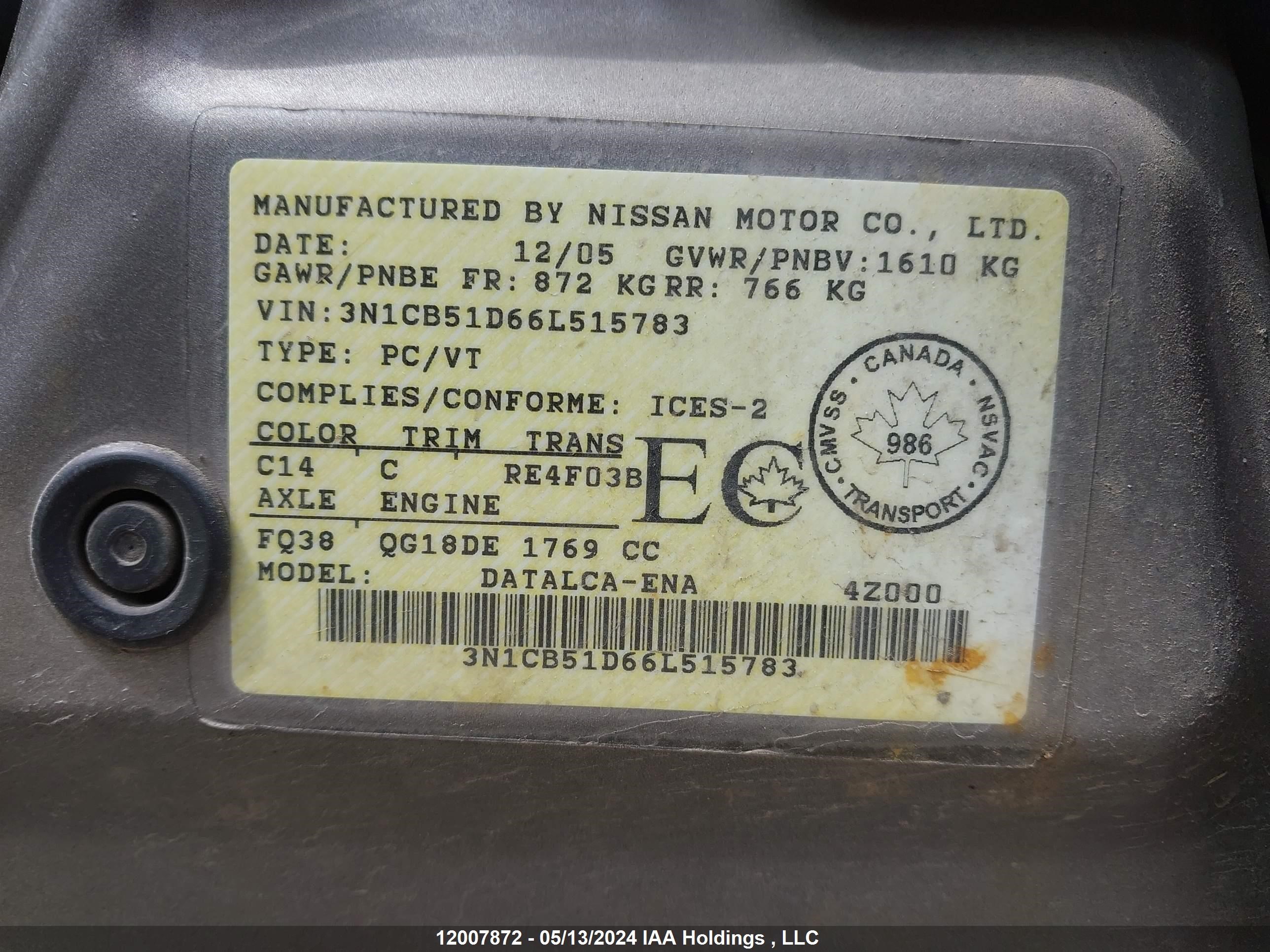 Photo 8 VIN: 3N1CB51D66L515783 - NISSAN SENTRA 