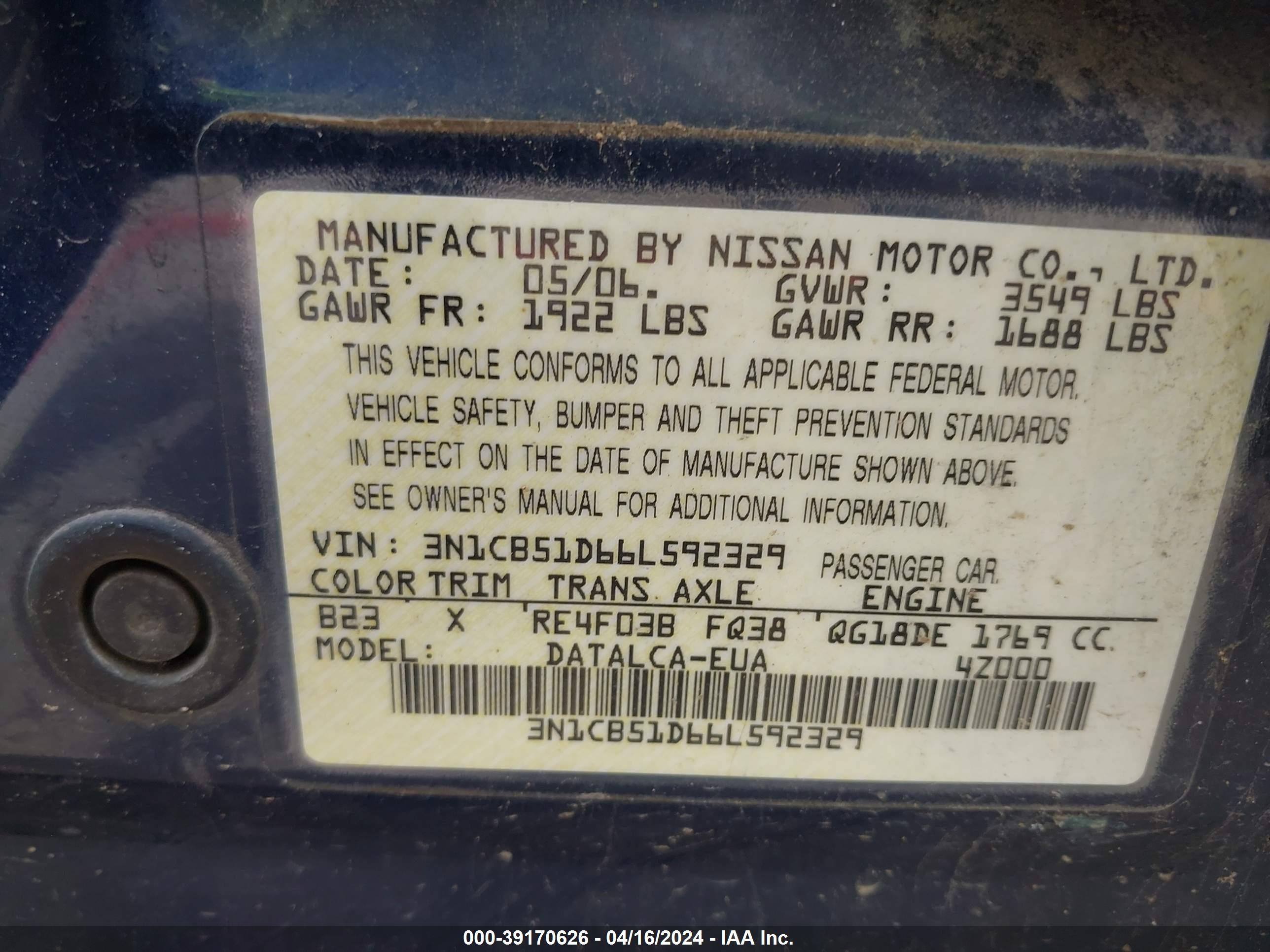 Photo 8 VIN: 3N1CB51D66L592329 - NISSAN SENTRA 